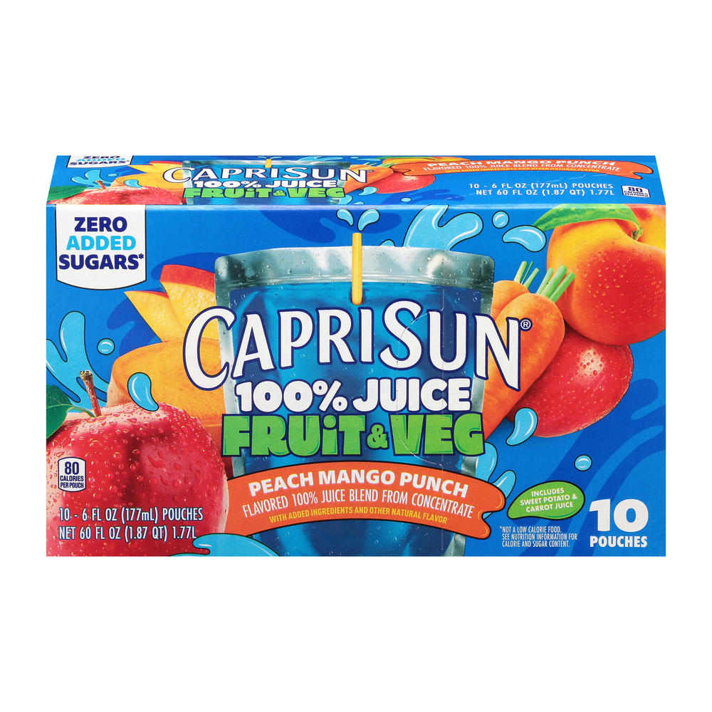 Capri Sun Peach Mango Punch Zero Added Sugar 100% Fruit & Veg Juice 10 pk Pouches, 6 oz