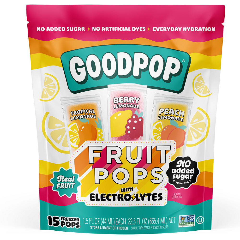GoodPop No Added Sugar Fruit Pops with Electrolytes Variety Pack, 15 ct