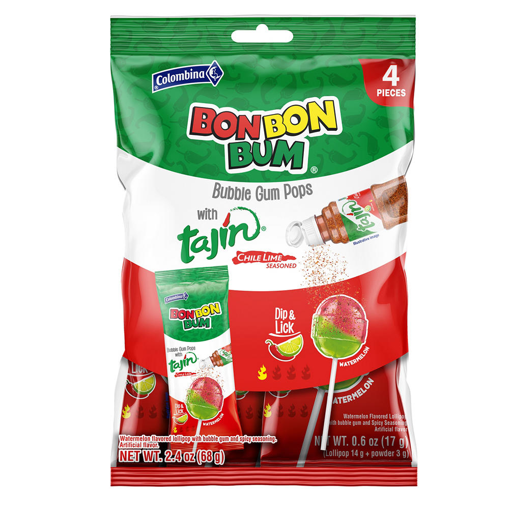 Bon Bon Bum Tajin Bubble Gum Lollipops, 4 pk