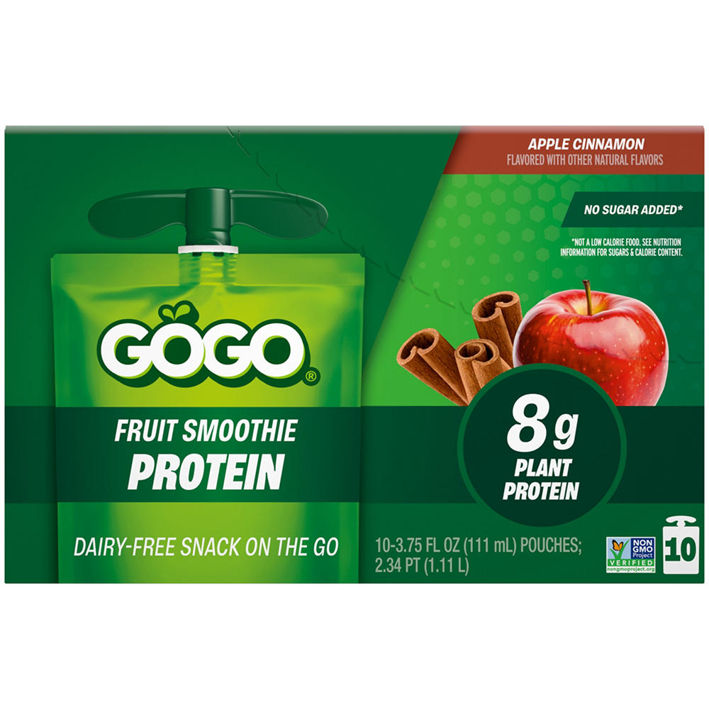 GoGo squeeZ Apple Cinnamon Fruit Smoothie Protein Pouches, 10 ct