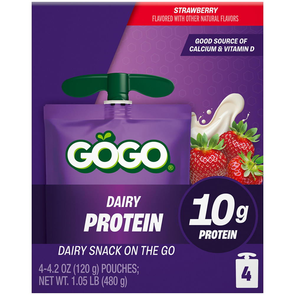GoGo squeeZ Strawberry Dairy Protein Pouches, 4 ct