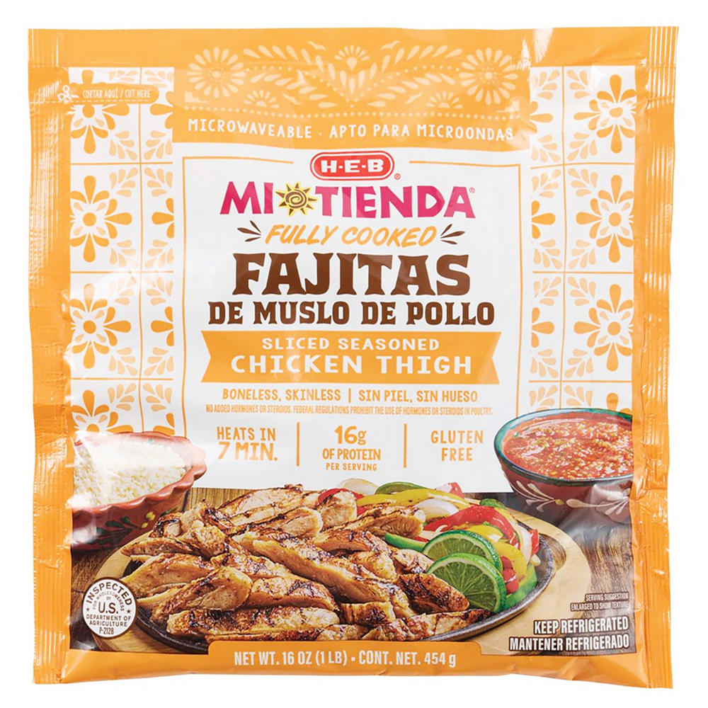 H-E-B Mi Tienda Fresh Fully Cooked Fajitas de Muslo de Pollo Sliced Seasoned Chicken Thighs, 16 oz