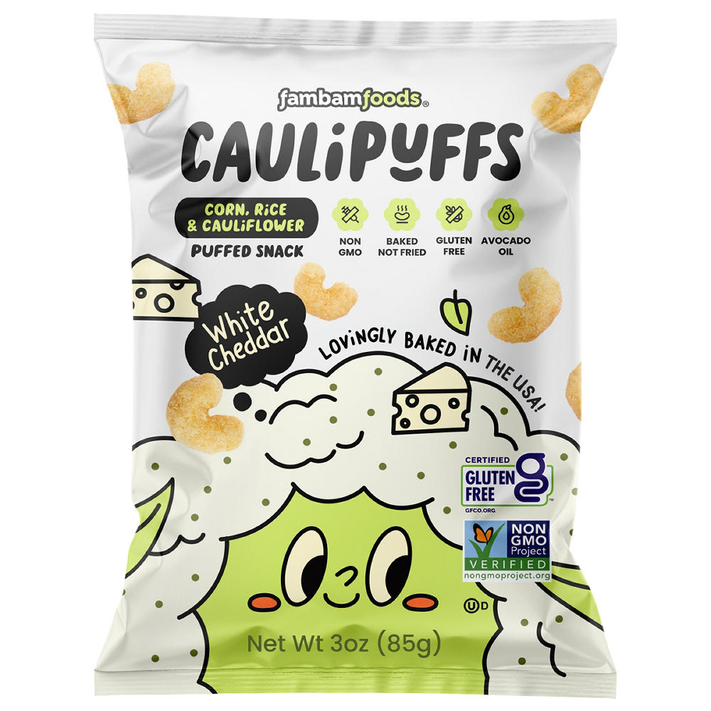 CauliPuffs White Cheddar Corn Rice & Cauliflower Puffed Snack, 3 oz