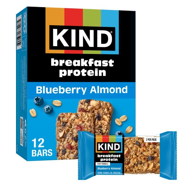 KIND Breakfast Protein Bars, Blueberry Almond, Gluten Free, Low Sodium, Healthy Snacks, 8g Protein, 6 Count (6 Packs of 2 Bars)