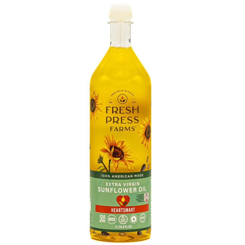 Fresh Press Farms Cold Pressed Extra Virgin Sunflower Oil, 33.8 Fl Oz | Extra Virgin Sunflower Oil, Georgia Grown, 100% American Made, Unrefined, Certified Whole30, Non GMO, Keto, Paleo