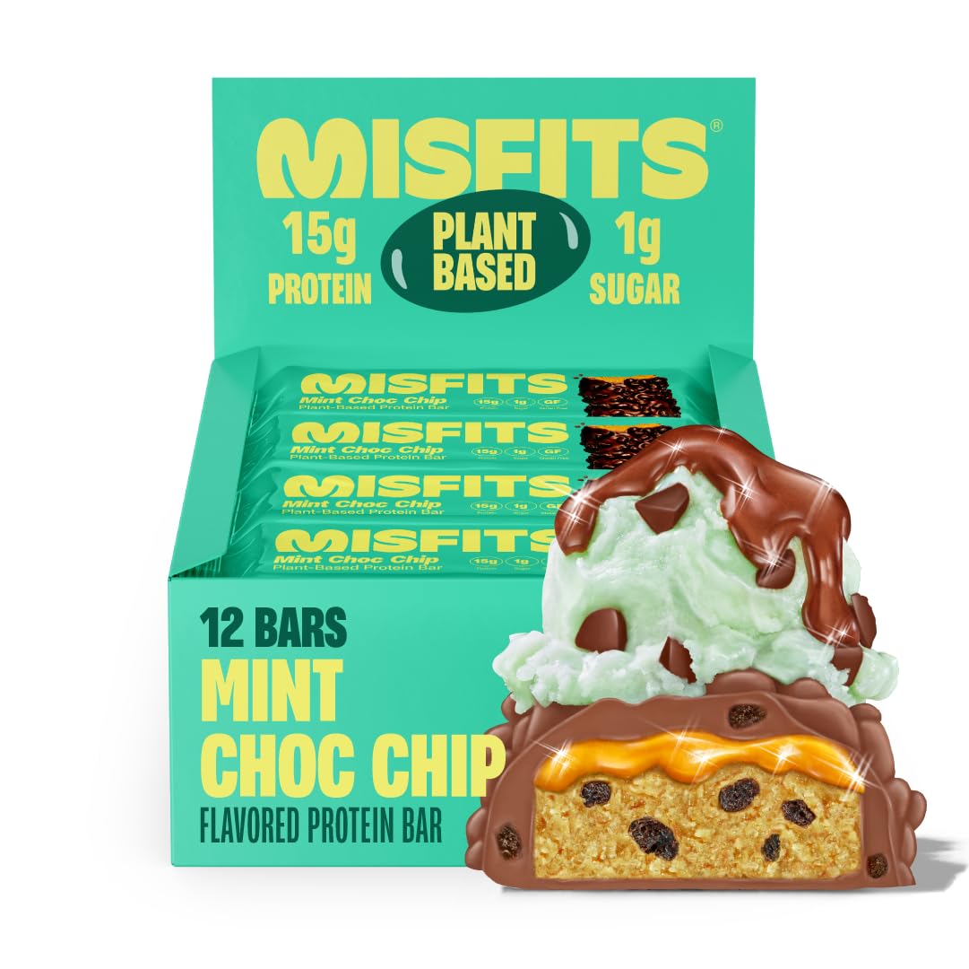 Misfits Vegan Protein Bars - Mint Chocolate Chip | Nutrition Bars - 15g Protein, 1g Sugar, Plant-based, Low Carb, Non-GMO, Gluten Free Snacks | Pack of 12
