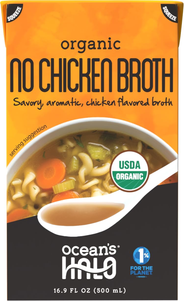 Ocean's Halo Organic Vegan No Chicken Broth - All-Purpose Base, 16.9 fl oz | Savory, aromatic plant-based chicken flavor. Perfect for everyday cooking, hearty soups, rice, pastas, and family recipes.