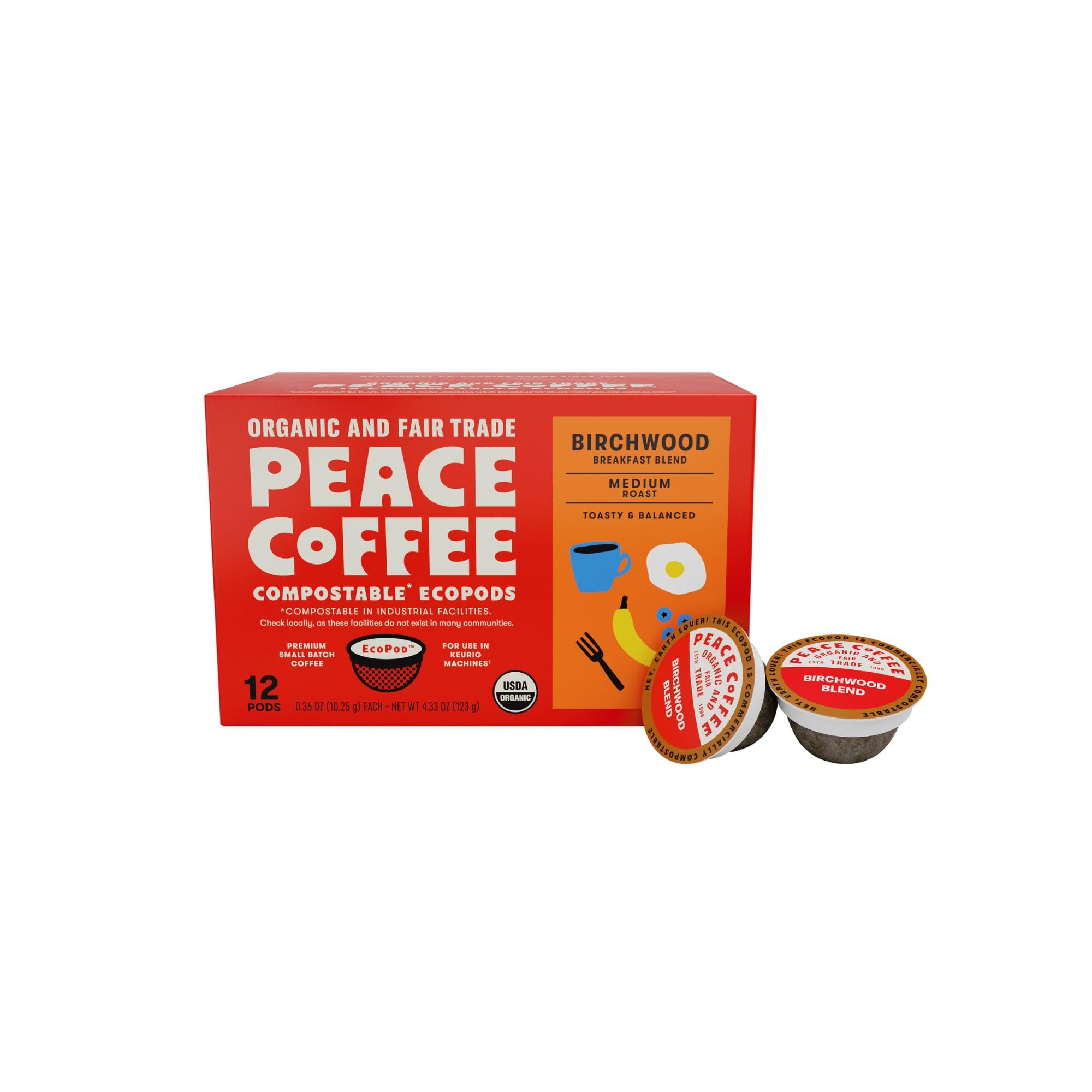 Peace Coffee Birchwood Compostable Pods | Breakfast Blend, Medium Roast