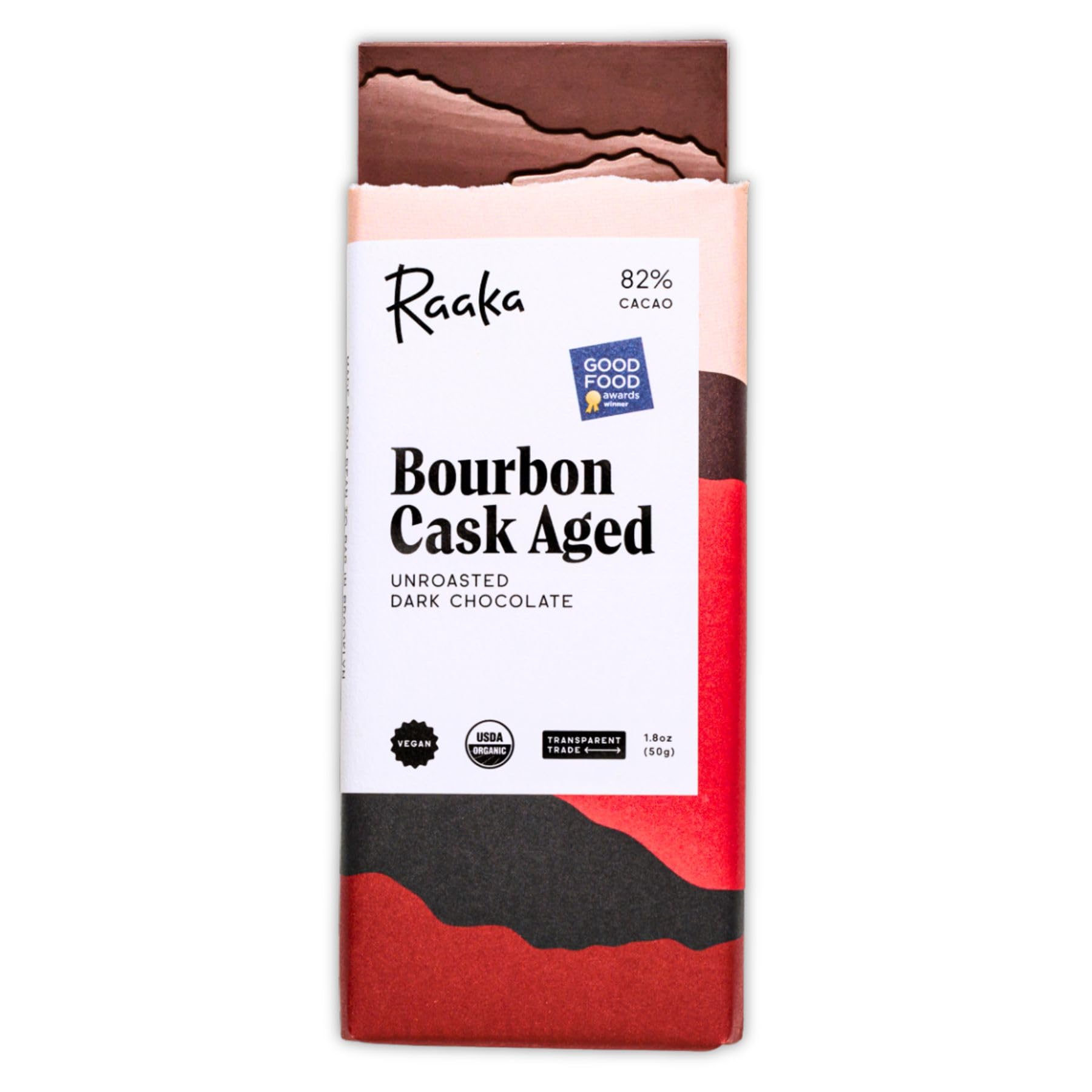 Raaka Bourbon Cask Aged Chocolate Bars | 82% Dark Chocolate | 1.8oz Bars | Small Batch Unroasted Dark Chocolate. Allergen Friendly. Organic, Vegan, Soy Free, Gluten Free, Kosher, Dairy Free, Nut Free.