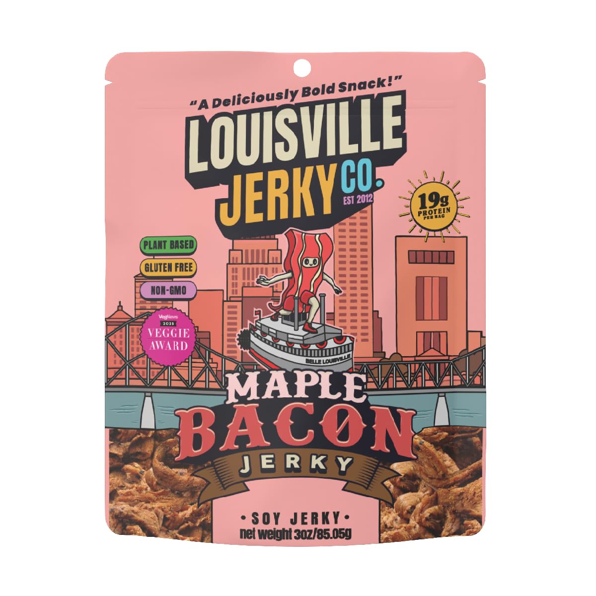 Louisville Jerky Co. Maple Bacon Vegan Jerky, 3 oz, 1-Pack | 6g Protein, Plant-Based Protein Snack, Vegetarian Jerky, Meatless, Sweet and Smoky, Ready-to-Eat, Vegan Bacon Alternative