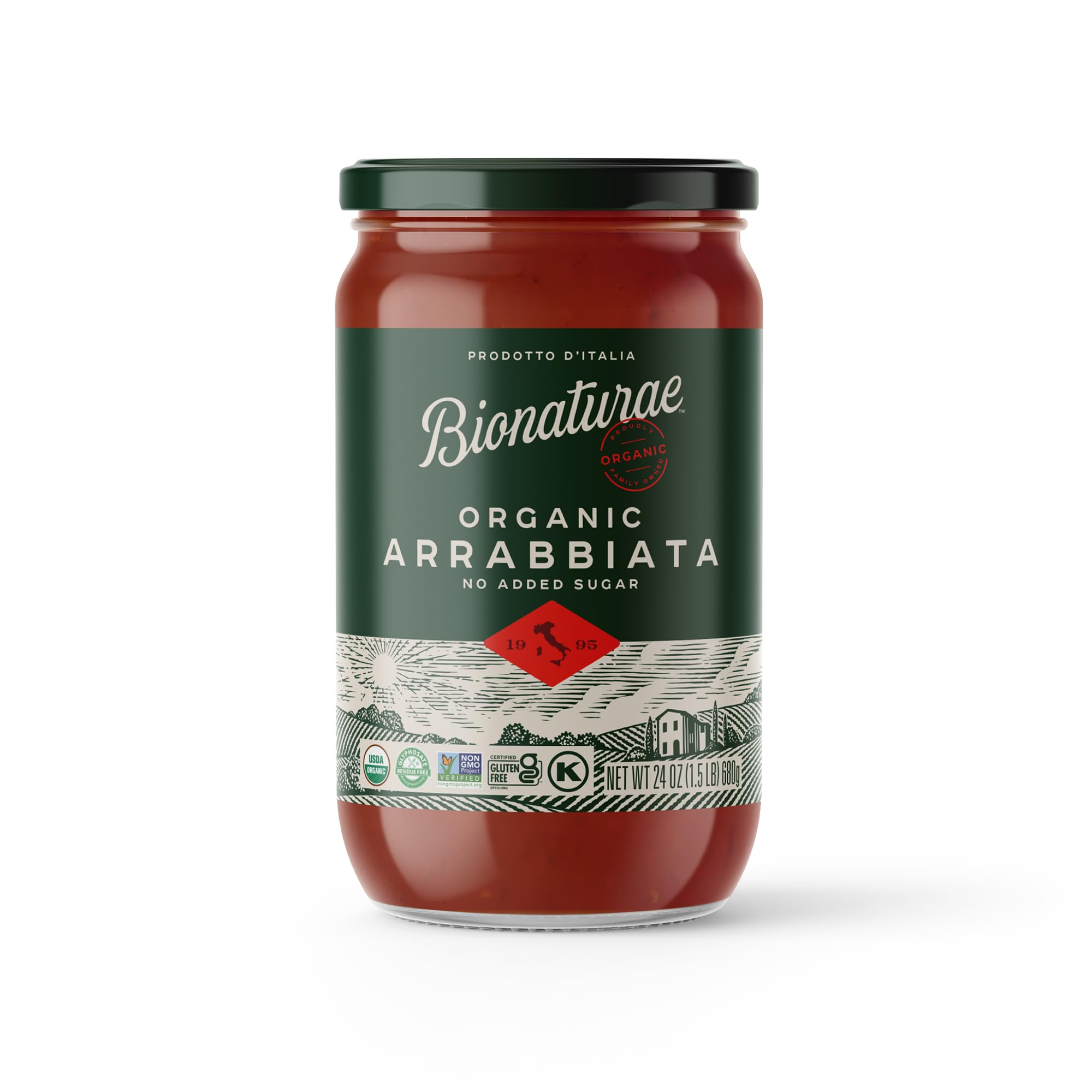 Bionaturae Organic Arrabbiata Pasta Sauce - Tomato Sauce for Spaghetti, Pizza, & Lasagna, Gluten Free, Non GMO, No Added Sugar, Kosher, Glyphosate Free, Made in Italy, Tastes like Homemade - 24 oz Jar
