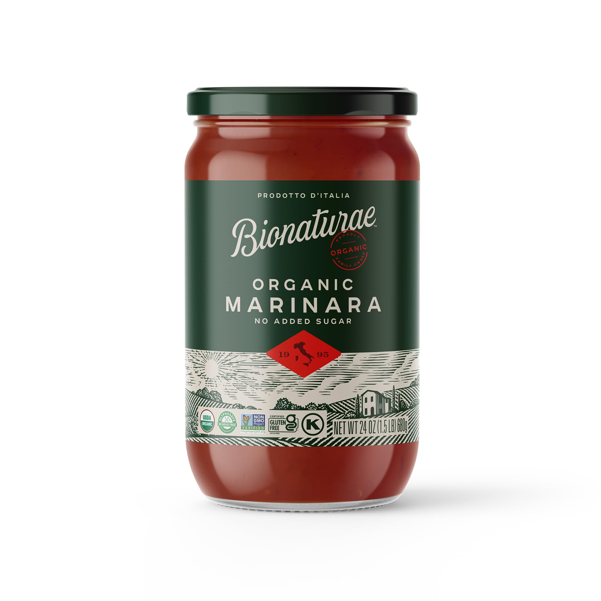 Bionaturae Organic Marinara Pasta Sauce - Tomato Sauce for Spaghetti, Pizza, & Lasagna, Gluten Free, Non GMO, No Added Sugar, Kosher, Glyphosate Free, Made in Italy, Tastes like Homemade - 24 oz Jar