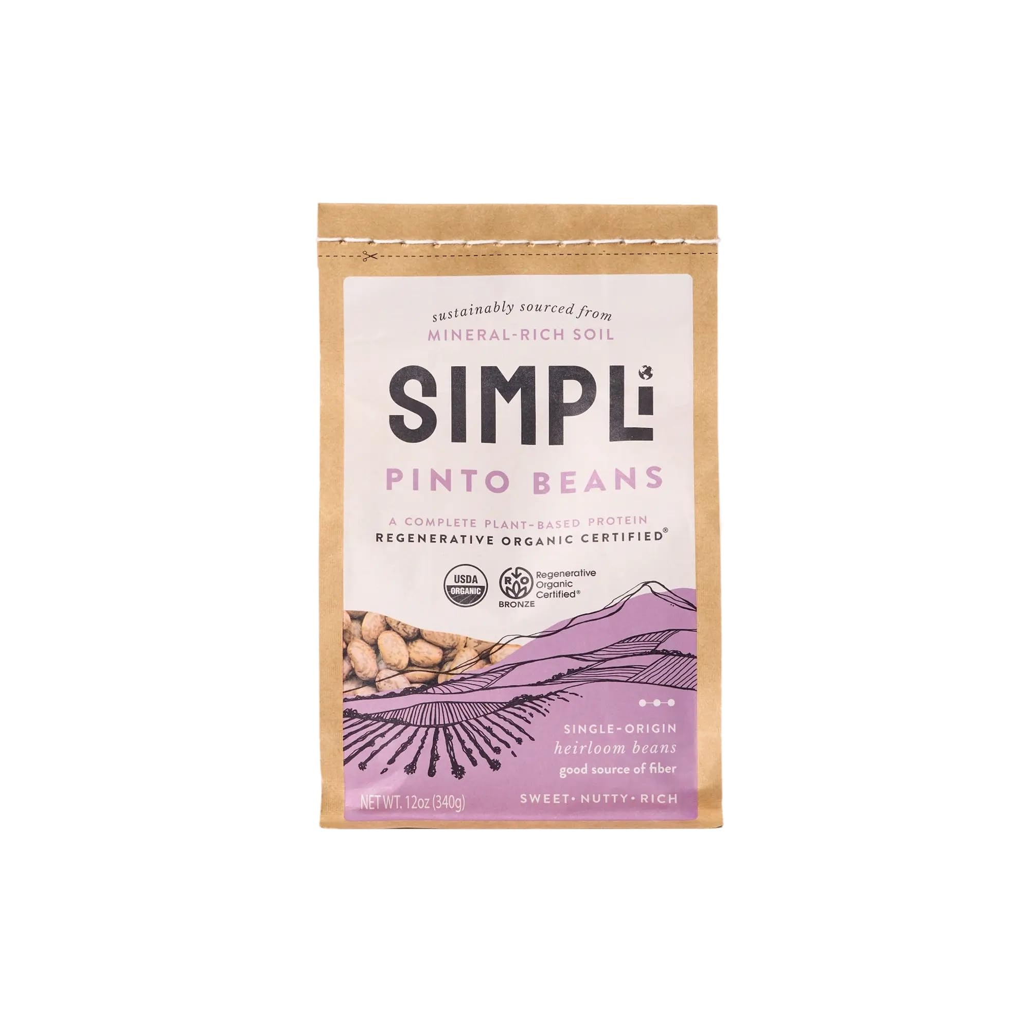SIMPLi Regenerative Organic Certified Pinto Beans, 12 OZ (1-Pack) | Plant-Based Protein, Fiber & Essential Minerals with a Creamy Texture for Tacos, Stews, Soups, Salads & Velvety Spreads