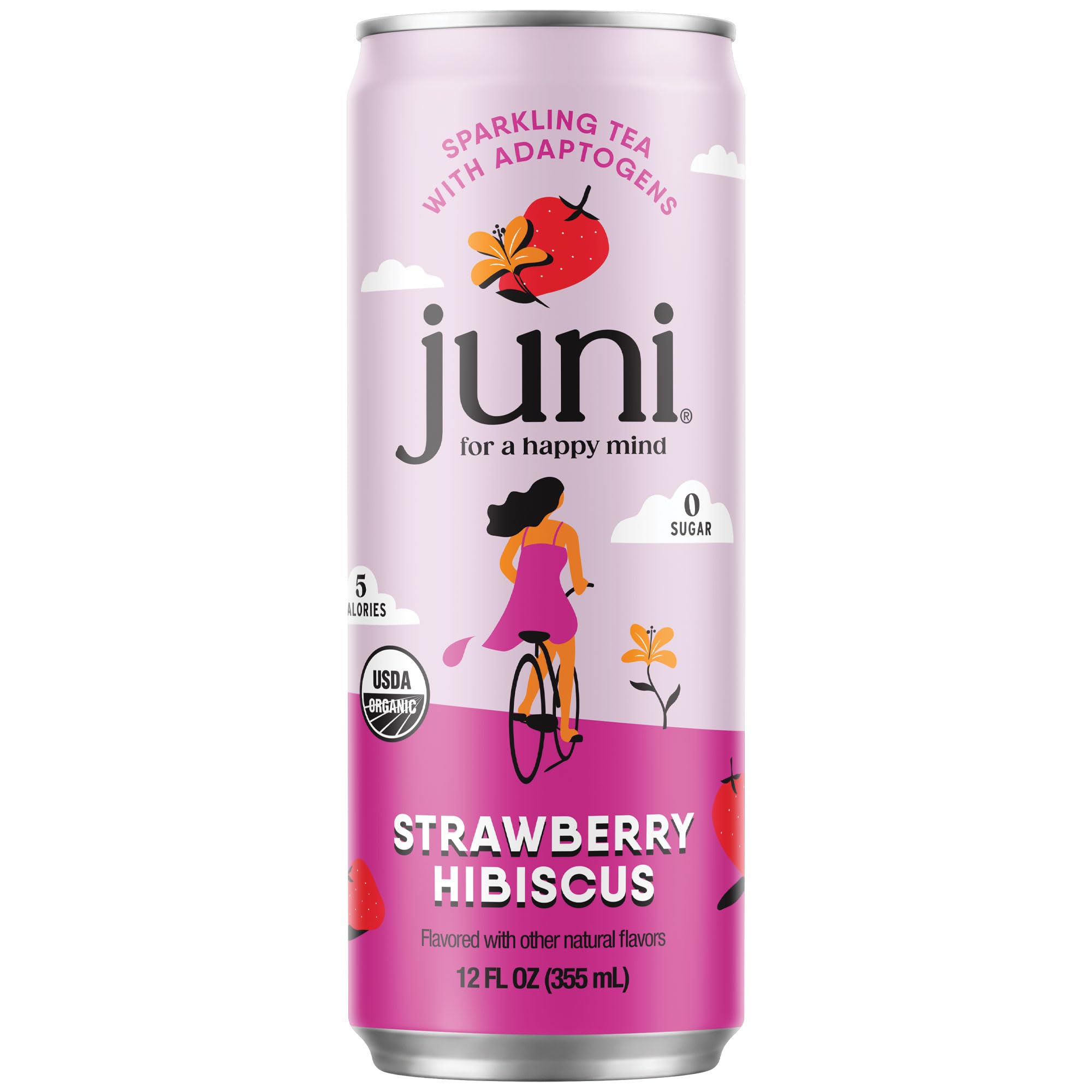 Juni Sparkling Adaptogen Drink, Strawberry Hibiscus, Mood & Focus, 12 Fl Oz | Zero Sugar, Ashwagandha, Lion’s Mane & Reishi Mushrooms, 5 Calories, Organic