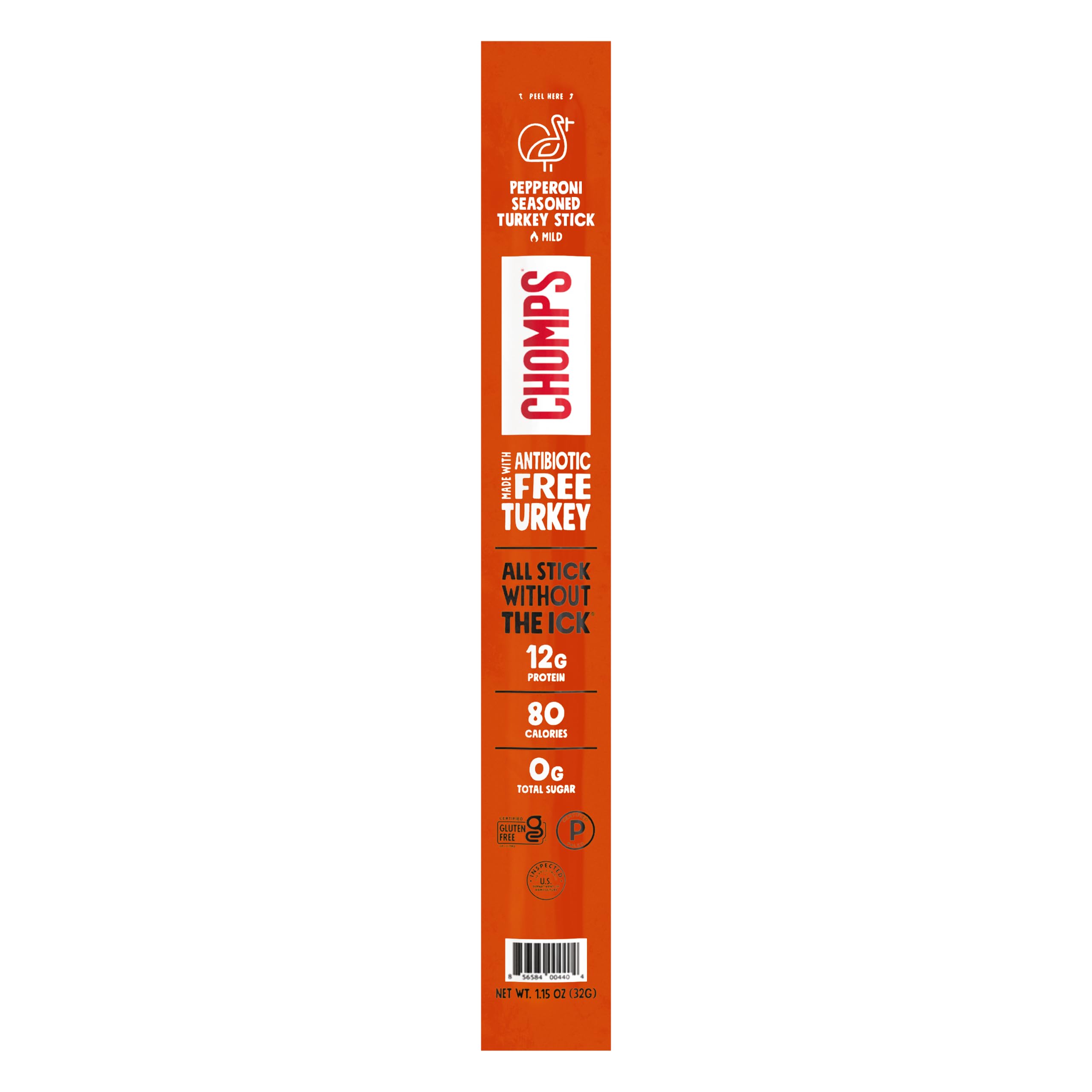 Chomps Pepperoni Turkey, Antibiotic Free, Single Protein Snack Stick | Keto, Paleo, Gluten Free Turkey Stick, Zero Sugar Food, Whole30 Approved, Low Carb Snack, On-The-Go Nutrition, 12G Protein
