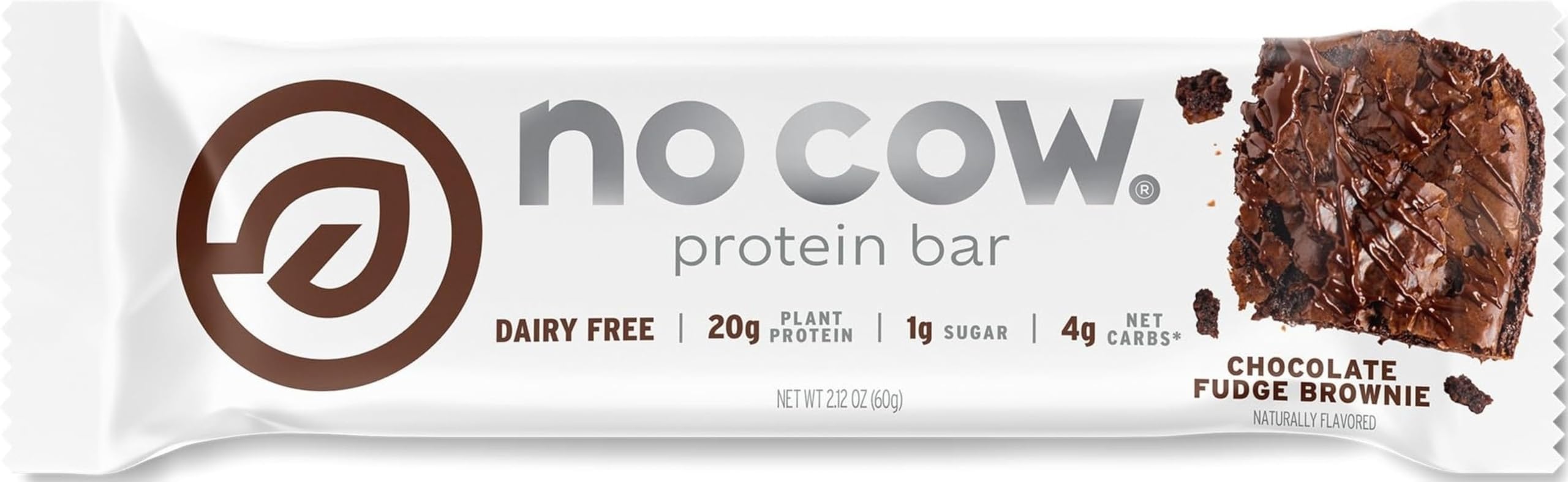 No Cow Chocolate Fudge Brownie Vegan Protein Bars, 1 Bar | 20g High Plant-Based Protein, High Fiber, Low Sugar, Gluten-Free, Dairy-Free, Soy-Free, Keto-Friendly Snack Bars