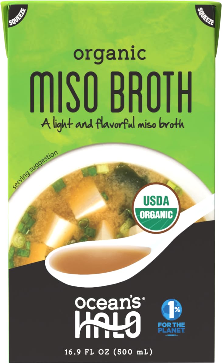 Ocean's Halo Organic Vegan Miso Broth - Authentic Soup Base, 16.9 fl oz | Light, savory plant-based broth with rich umami flavor. Perfect for traditional miso soup, ramen noodles, and easy meals.
