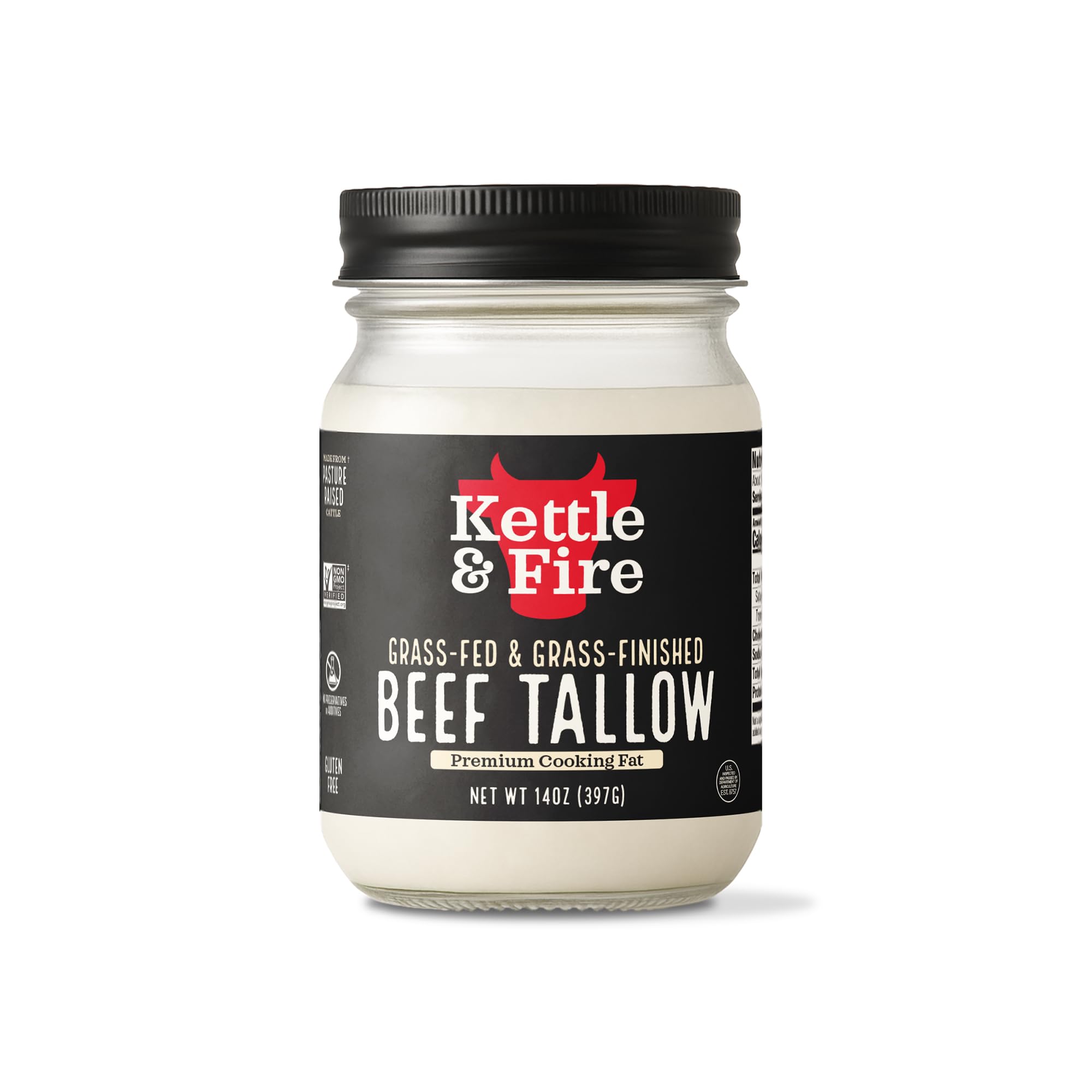 Kettle & Fire 100% Grass-Fed Beef Tallow for Cooking, 14 oz Glass Jar | Pasture-Raised Beef Tallow For High-Heat Cooking, Seed Oil Free, Non-GMO Verified, Whole30, Keto & Paleo