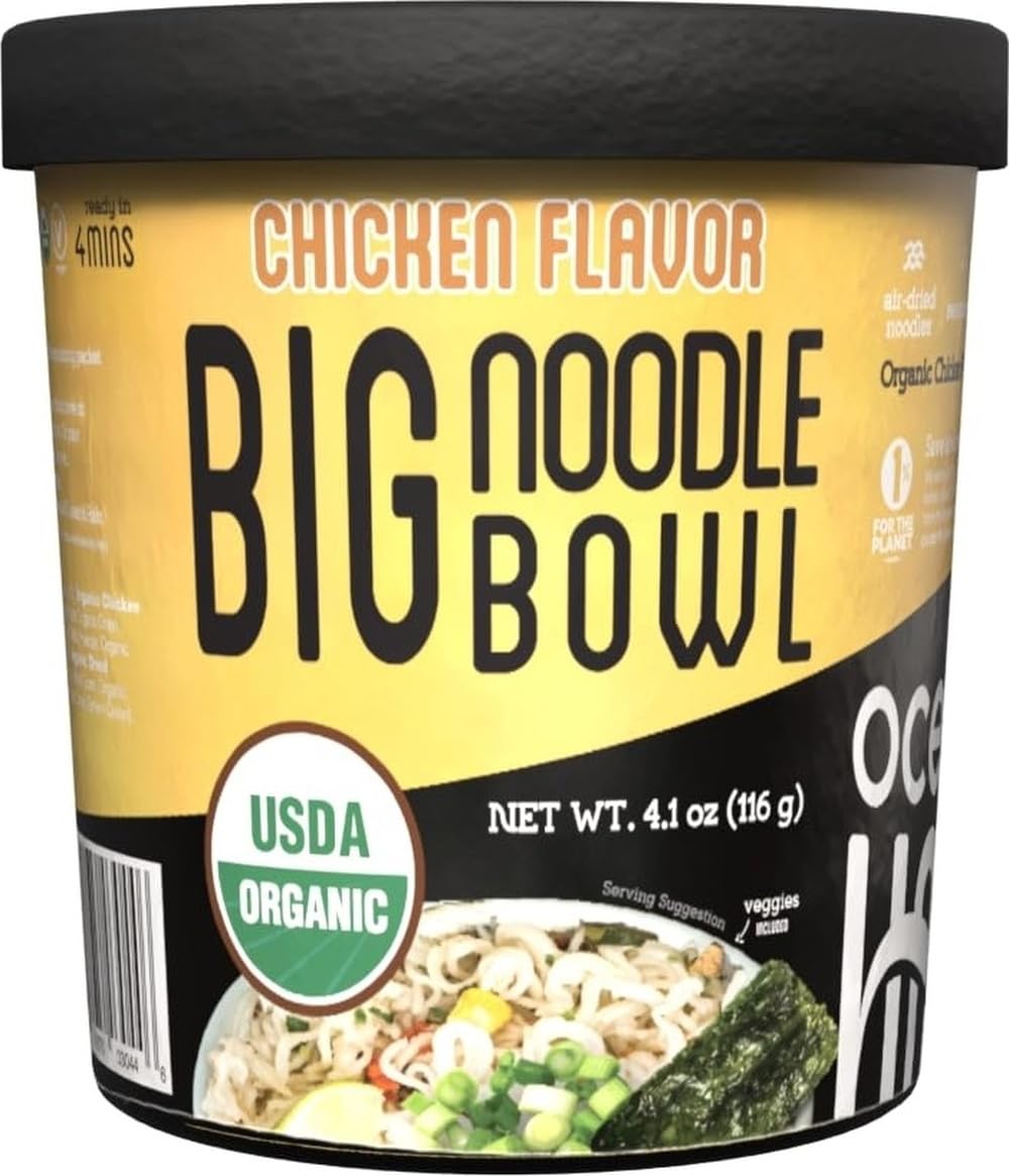 Organic Chicken Flavor Big Noodle Bowl, 4.02 Ounce | Big noodle bowl with savory no chicken flavor; plant-based, convenient, and easy for a quick lunch or meal.