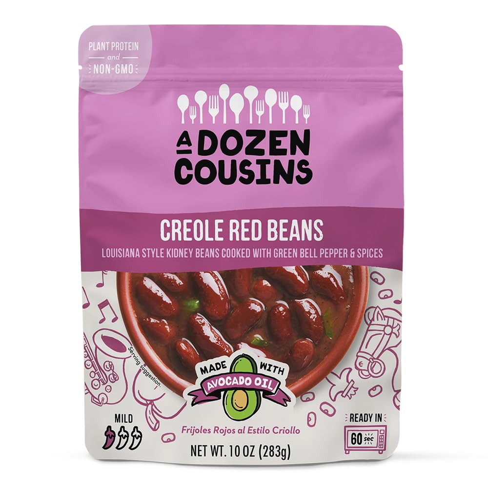 A Dozen Cousins Creole Red Kidney Beans, Plant Protein & Fiber, 1-Pack | Ready-to-Eat Microwave Seasoned Red Beans Pouch, Non-GMO, Avocado Oil, Gluten Free, BPA-Free, Heat & Eat 60-Second Side