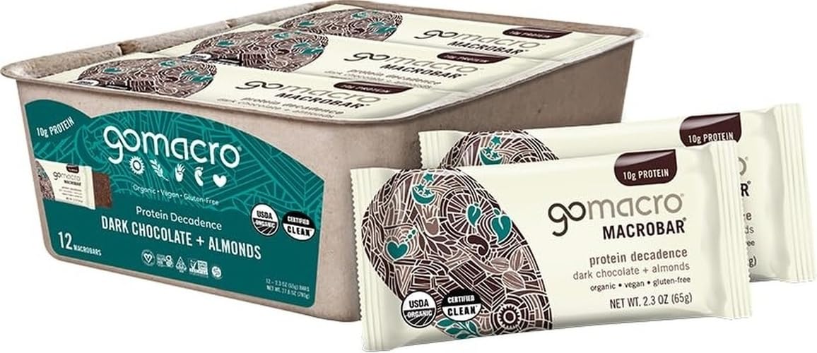 GoMacro MacroBar Organic Vegan Protein Bars - Dark Chocolate + Almonds (2.3 Ounce Bars, 12 Count)