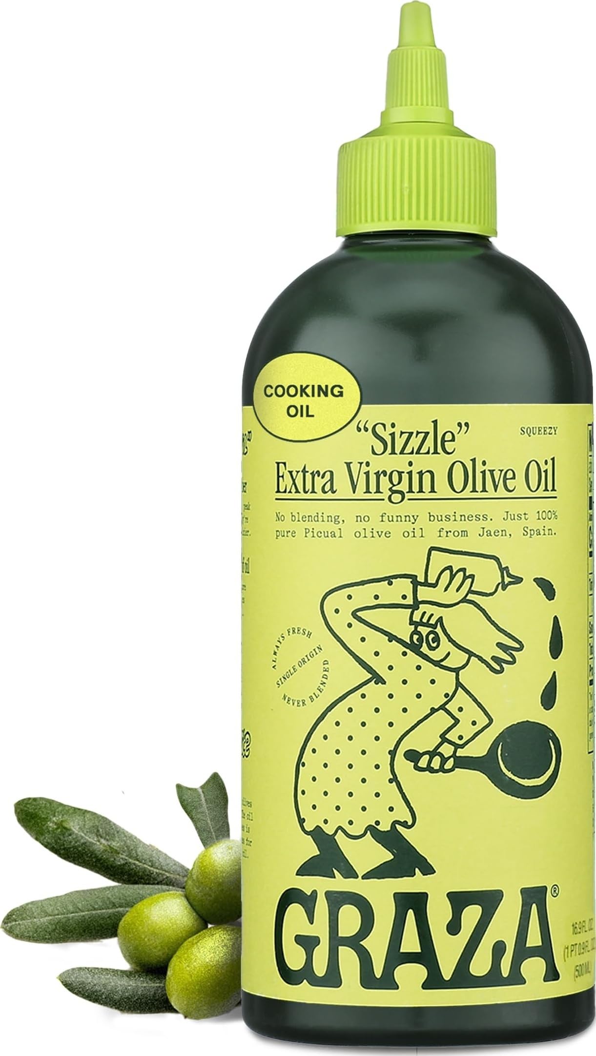 Graza Sizzle Extra Virgin Olive Oil, Cooking Oil - High Polyphenol Peak Harvest EVOO Cooking Oil in a Squeeze Bottle - Single Farm Olives from Spain - 16.9 Fl Oz (500ml)