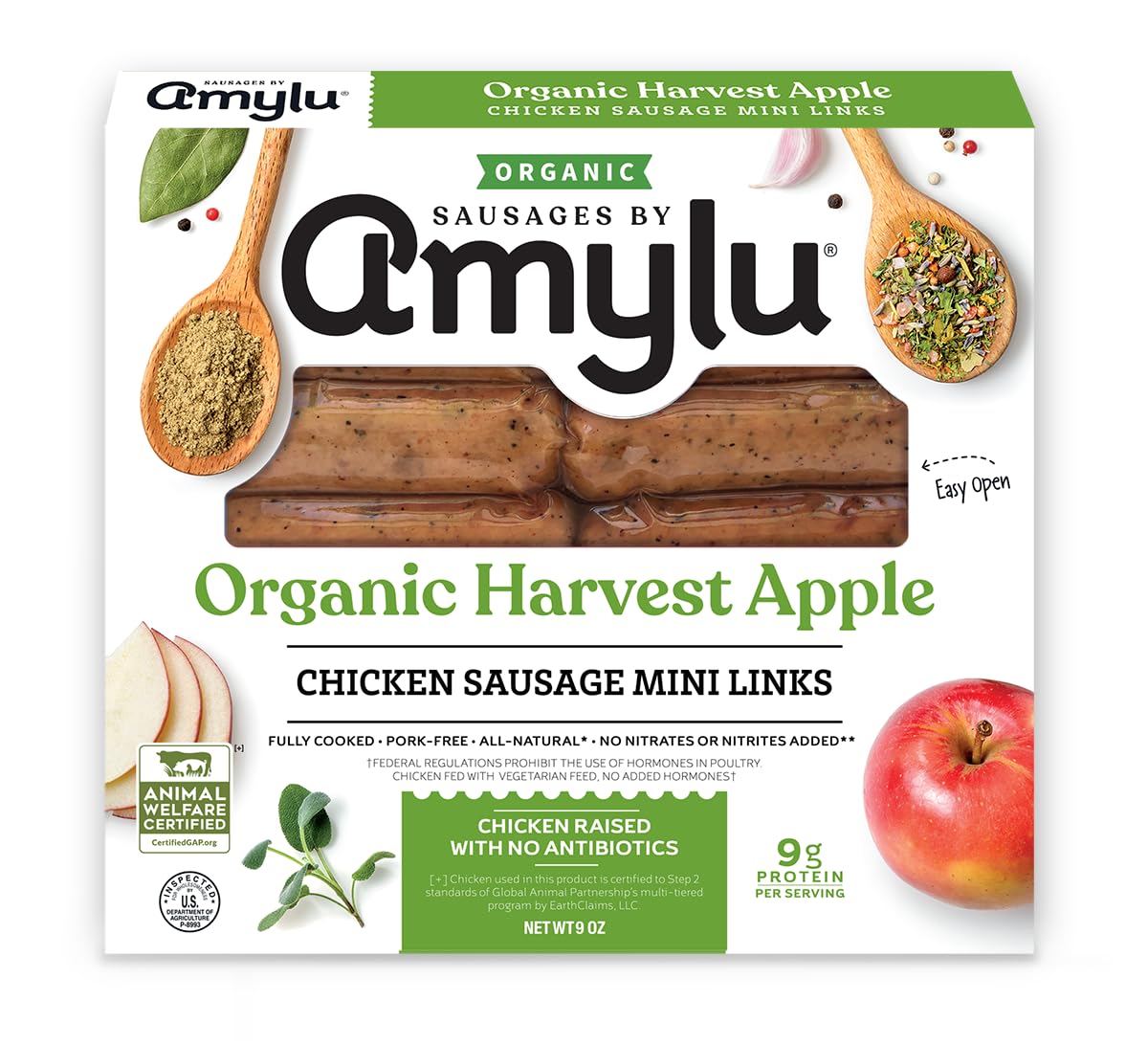 Amylu Foods Organic Harvest Apple Breakfast Sausages, Natural Ingredients, 9g of Protein, Chicken Raised with No Antibiotics, Fully Cooked, Gluten-Free, Pork-Free, No Nitrates or Nitrites, 9 oz
