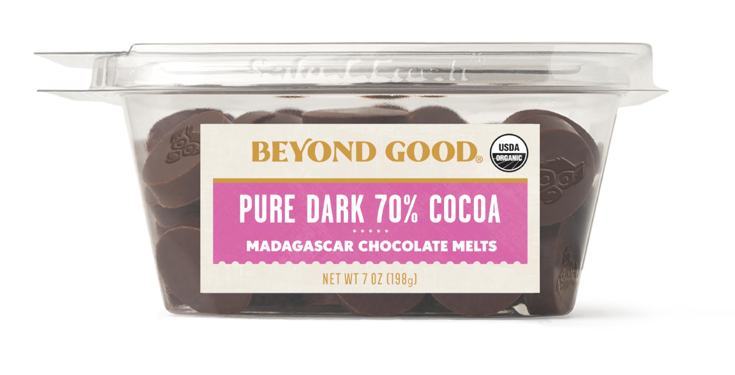 Beyond Good Chocolate | 70% Pure Dark Chocolate Melts, 7oz Pack | USDA Organic, Direct Trade, Vegan, Kosher, Non-GMO | Single Origin Uganda Chocolate Perfect for Snacking or Baking