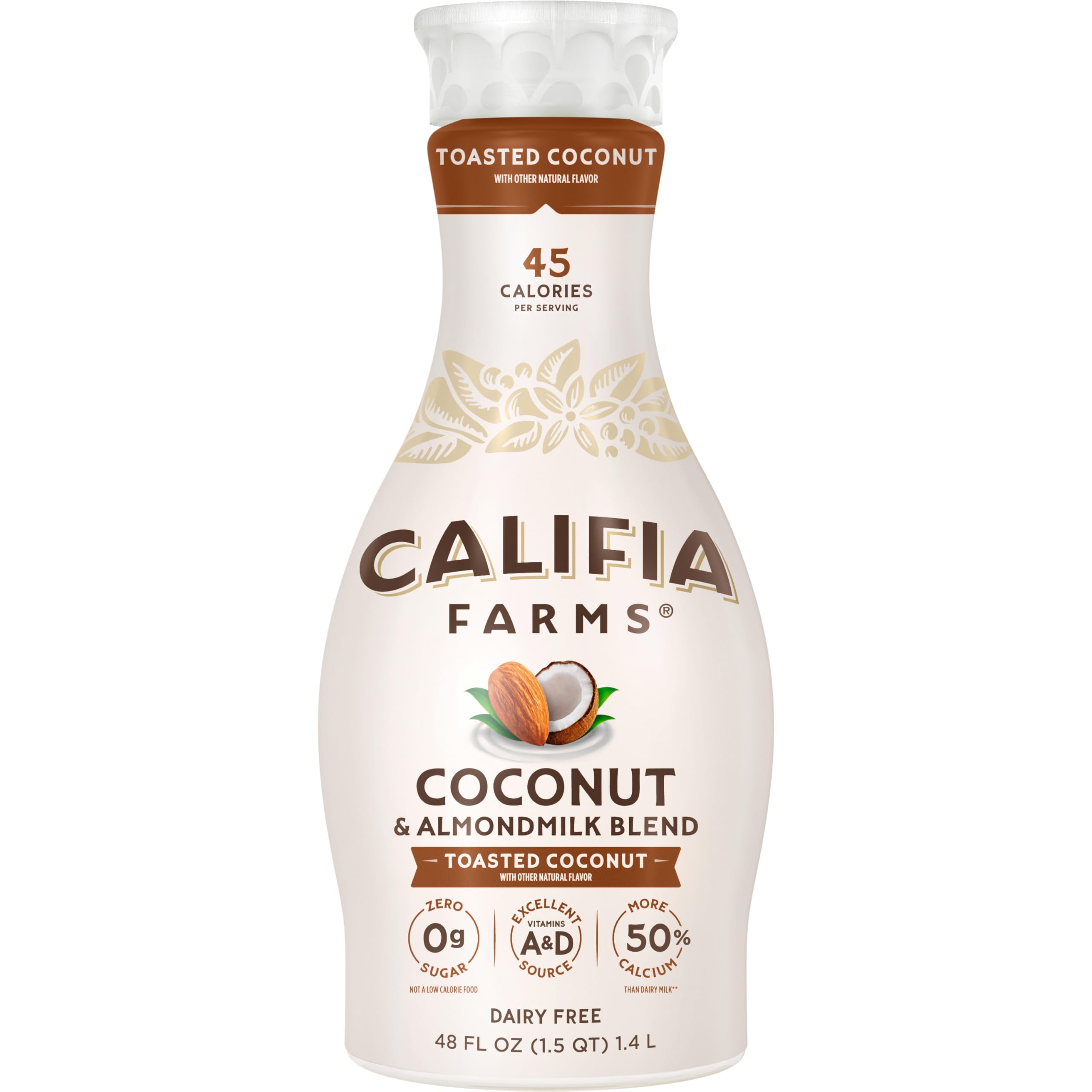 Califia Farms - Toasted Coconut Almond Milk, 48 Oz, Dairy Free, Plant Based, Vegan, Gluten Free, Non GMO, Sugar Free, High Calcium, Smoothie.