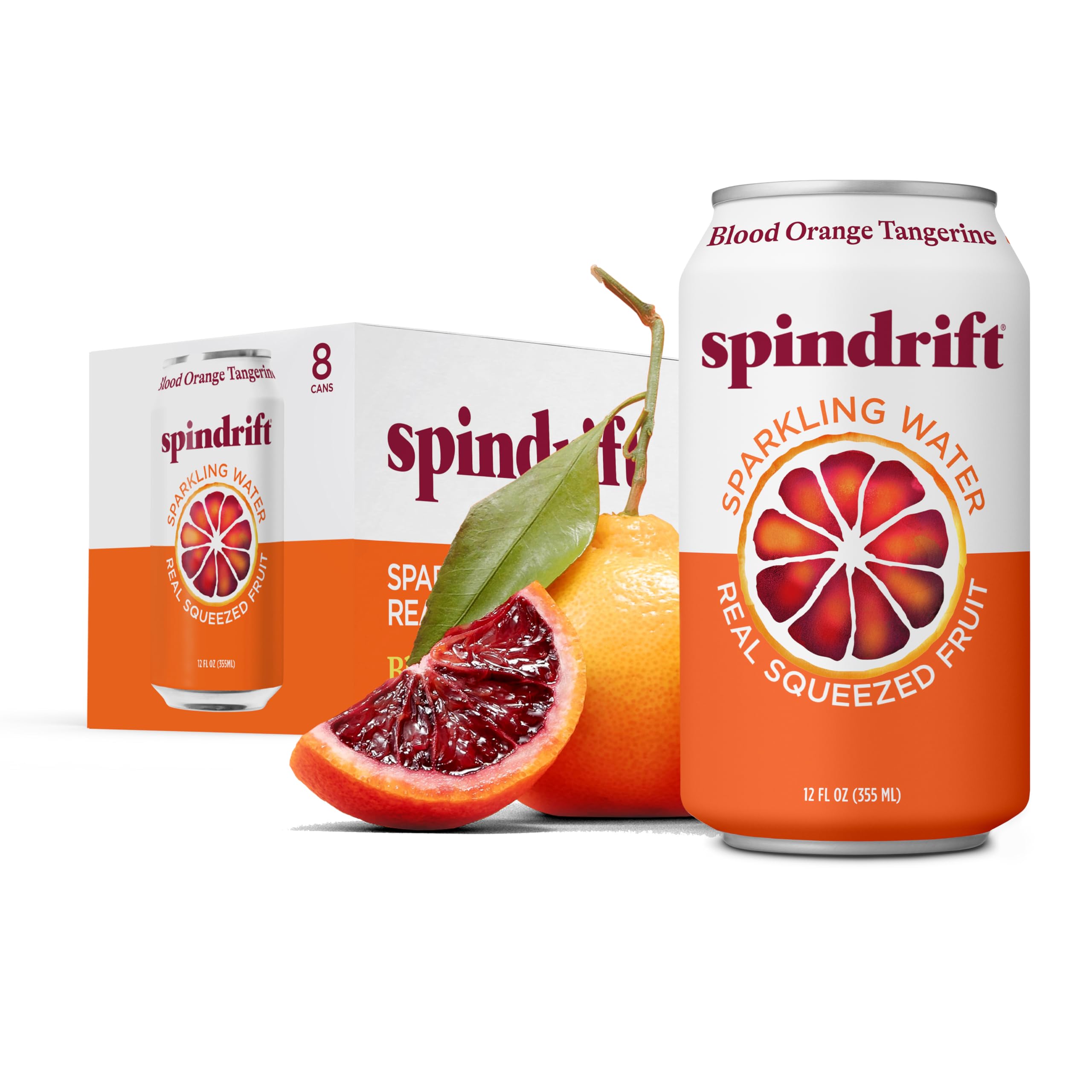 Spindrift Sparkling Seltzer Water, Blood Orange Tangerine Flavored, Made with Real Squeezed Fruit, 12 Fluid Ounce Cans, Pack of 8 Cans