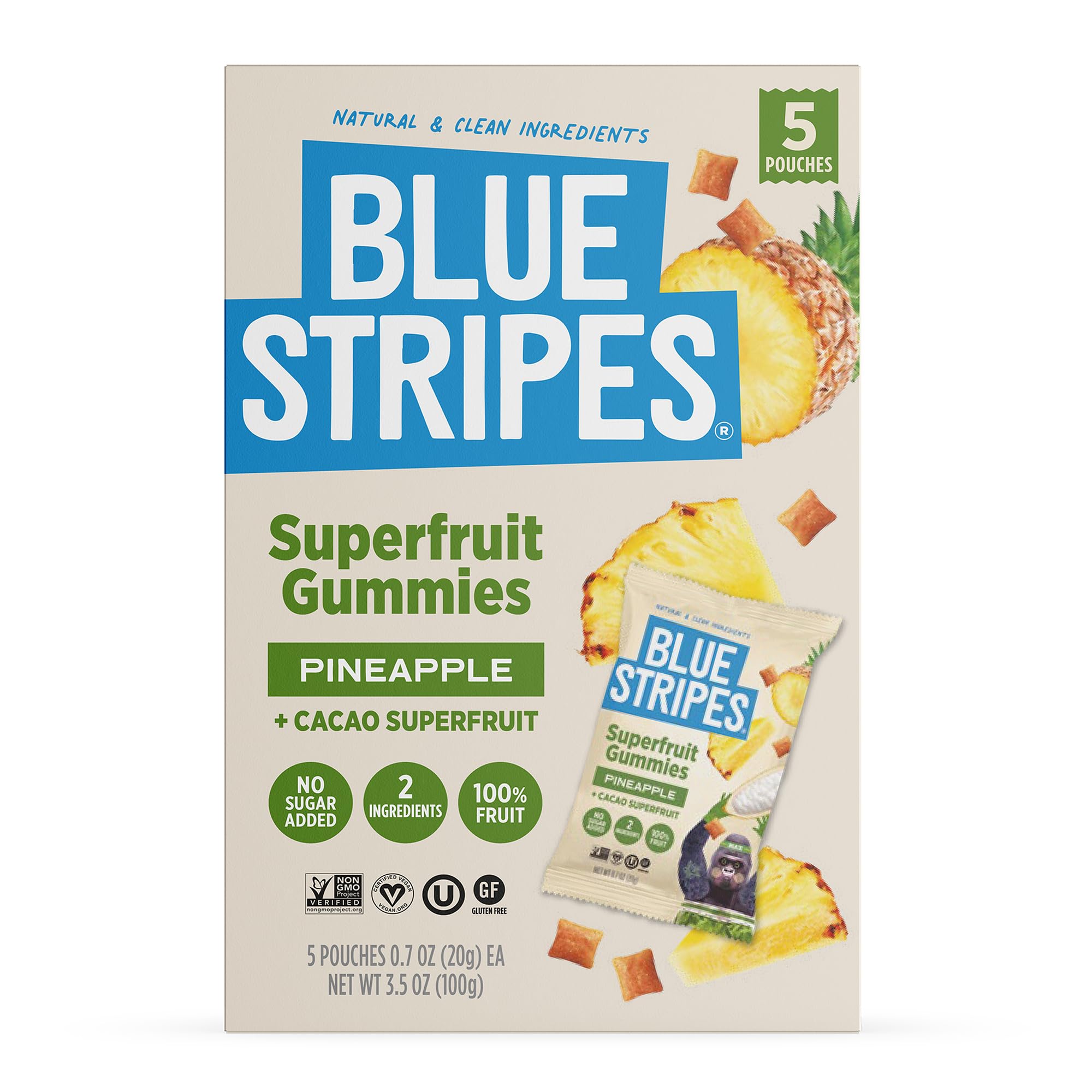 Blue Stripes Pineapple Cacao Superfruit Gummies - 100% Fruit Snack for Kids & Adults | No Sugar Added, Gluten Free, Vegan Gummy | 5 Single Serve Pouches (0.7oz) for School, Travel