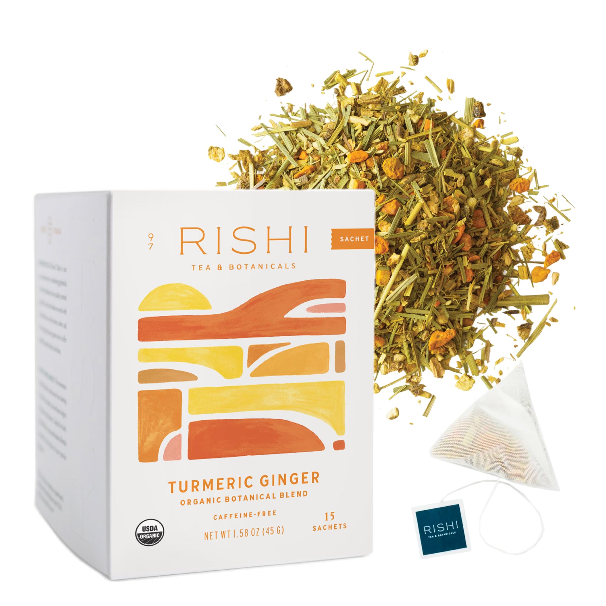 Rishi Tea Turmeric Ginger Organic Sachet Tea Bags, Caffeine Free, 15ct | Spicy Ginger and Citrus Herbal Tea Blend, Enjoy Hot or Iced, Sustainable, 15 Servings