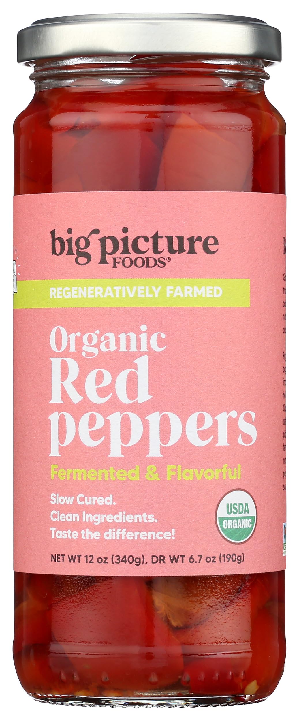 Big Picture Foods Red Pepper/Strips in Jar - Florina Peppers Infused with Kosher Wine Vinegar, Artesian Mineral Water, and Unrefined Sea Salt - Raw, Probiotic Superfood for Meals - Net Wt. 12oz (340g)