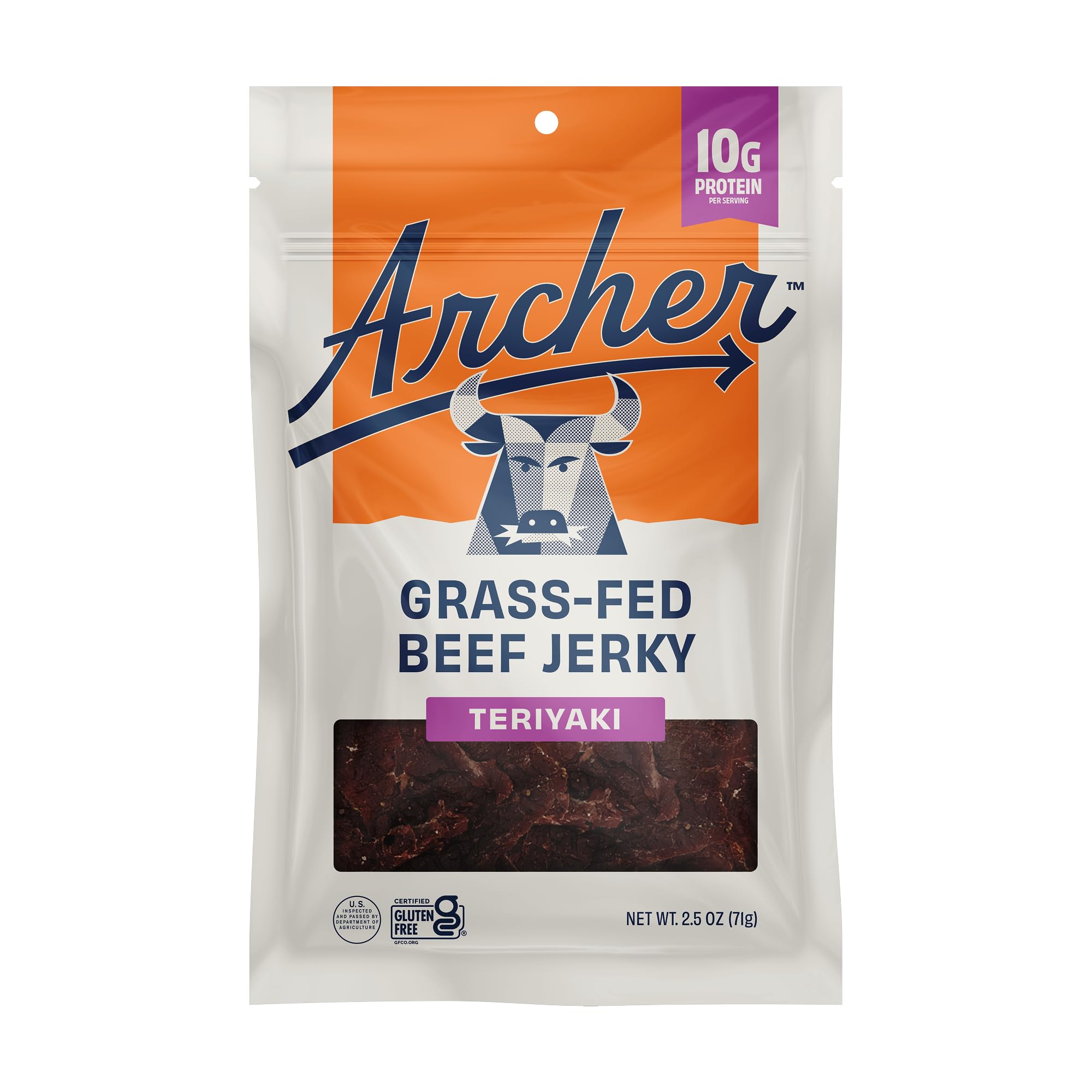 Archer Jerky Grass Fed Beef Jerky, Teriyaki, Gluten Free - 2.5 Oz | Teriyaki Flavored Beef Jerky, Individual Pack, Gluten Free Protein Snack, Grass Fed Beef, Paleo