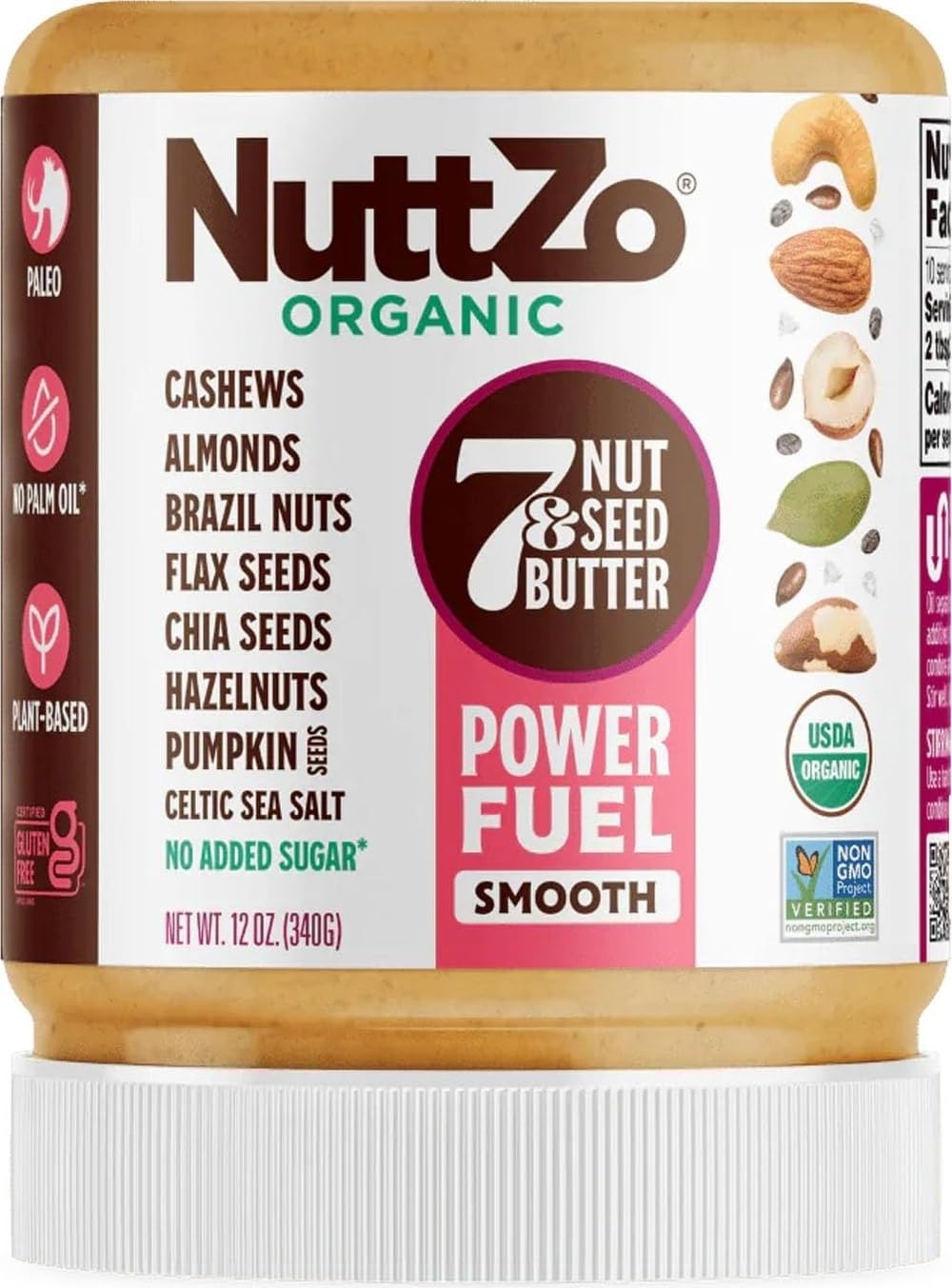 NuttZo Organic Power Fuel 7 Nuts and Seeds Butter, Smooth, Paleo and Keto Friendly, Peanut and Gluten Free, Vegan, Kosher, No Added Sugar or Oil, 12 oz Jar