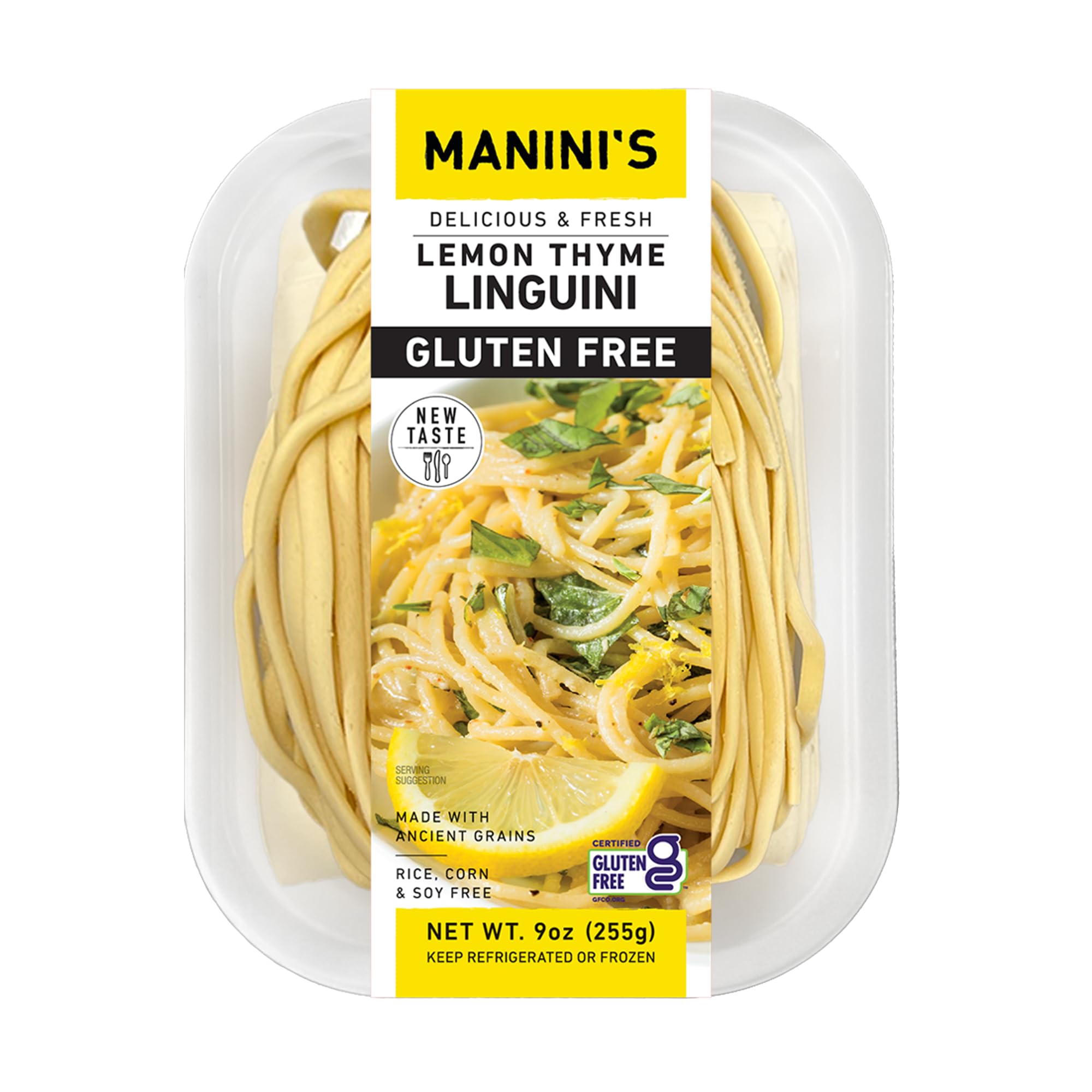 Manini's Gluten Free Thyme Linguine, Lemon, 9 oz (Frozen) | Made with whole Ancient Grains
