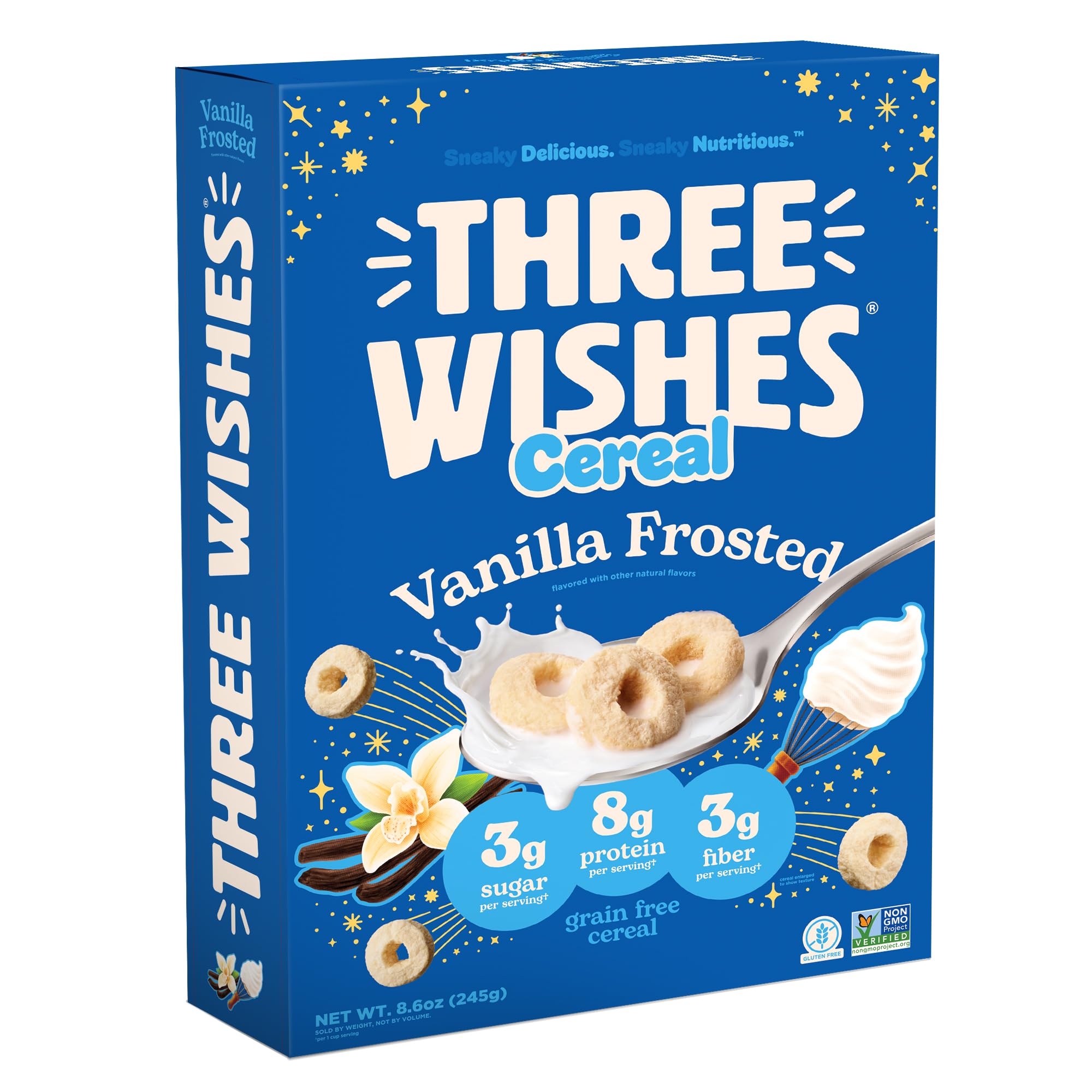 Three Wishes Gluten Free Protein Cereal Grain Free Vegan, Vanilla Frost 1pk | 8g Protein and 3g Fiber Breakfast Cereal - Healthy, Low Sugar, Gluten Free, Non-GMO