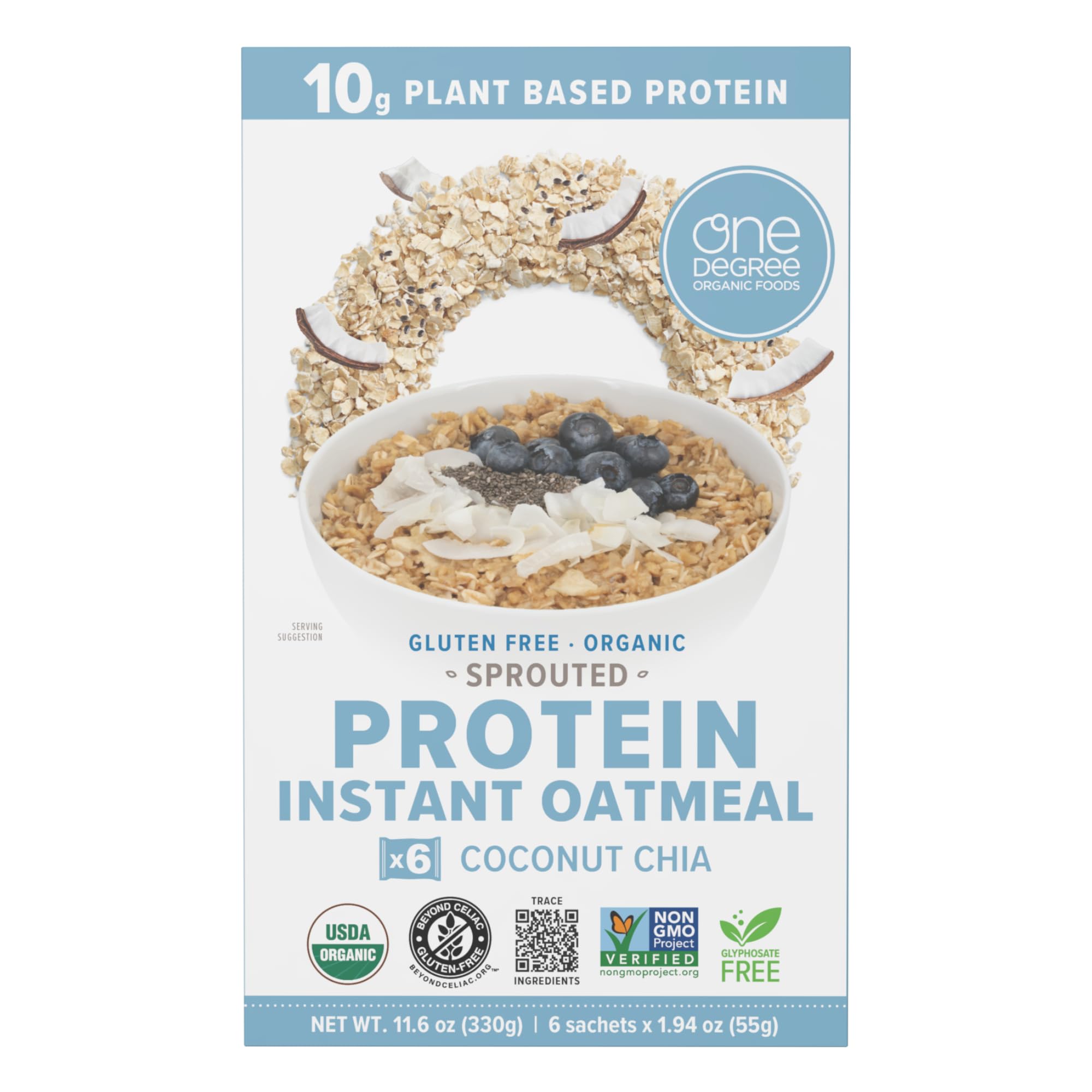 One Degree Organics Sprouted Coconut Chia Protein Instant Oatmeal | 11.6oz, 6 Packets - 10g Protein, Glyphosate-Free, USDA Organic, Gluten-Free, Non-GMO, Vegan, High Fiber Breakfast