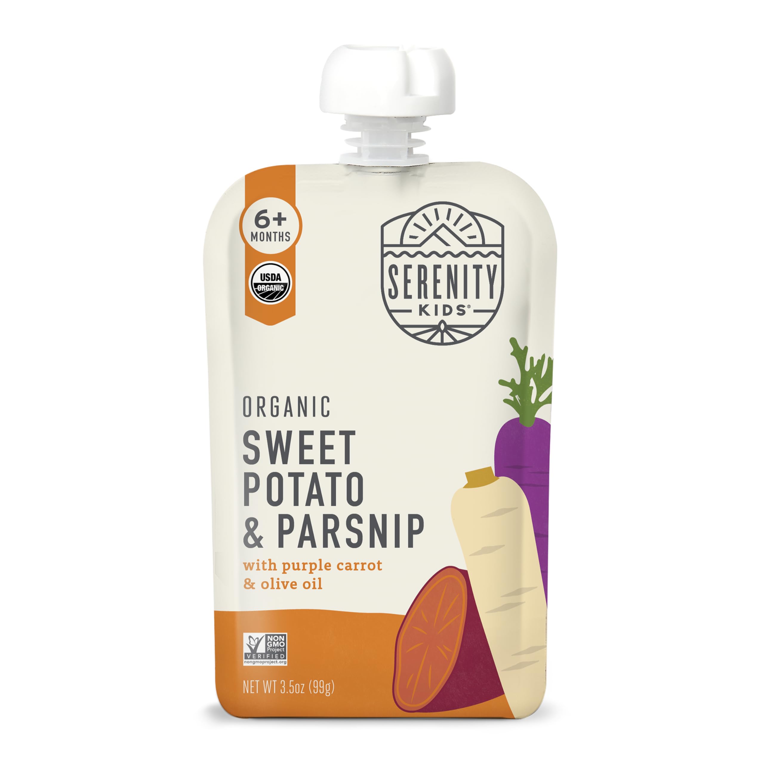 Serenity Kids 6+ Months USDA Organic Veggie Puree Baby Food Pouches | No Sugary Fruits or Added Sugar | Allergen Free | 3.5 Ounce BPA-Free Pouch | Sweet Potato & Parsnip | 1 Count