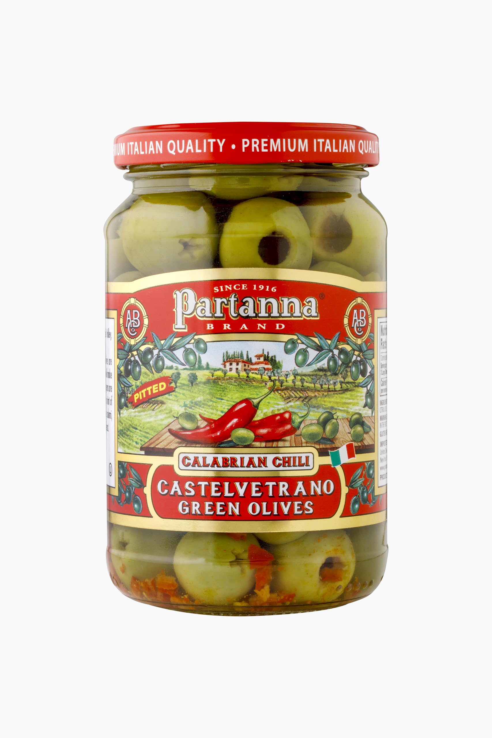 Partanna Calabrian Chili Pitted Olives, 6.35 oz Jar | Authentic Calabrian, Product of Italy, Spicy, Bold, and Flavorful, Premium Handpicked Imported Italian