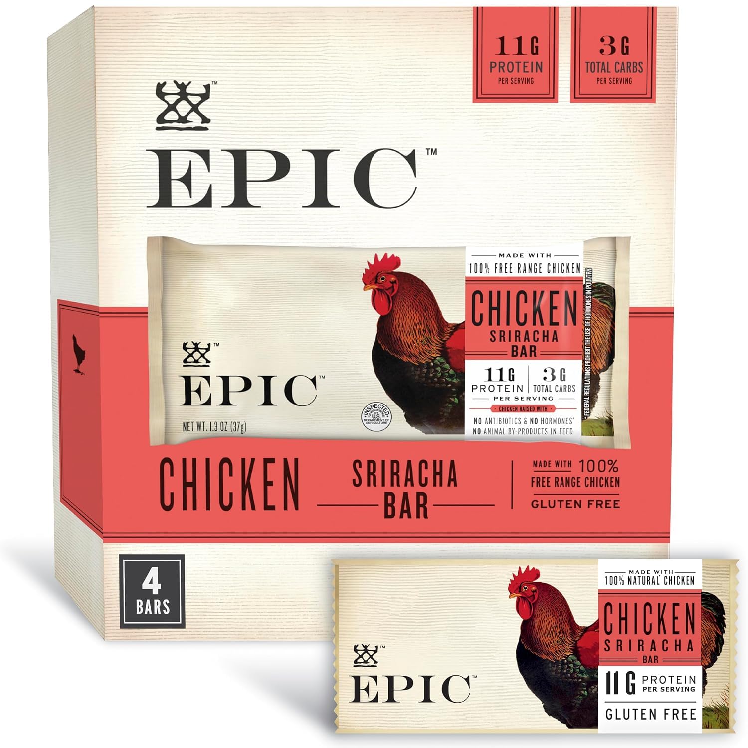 EPIC Provisions Chicken Sriracha Bars, 4 ct, 5.2 oz | Free-Range Chicken, No Antibiotics Or Hormones, Keto & Paleo Friendly, Whole30 Approved, Non-GMO Project Verified