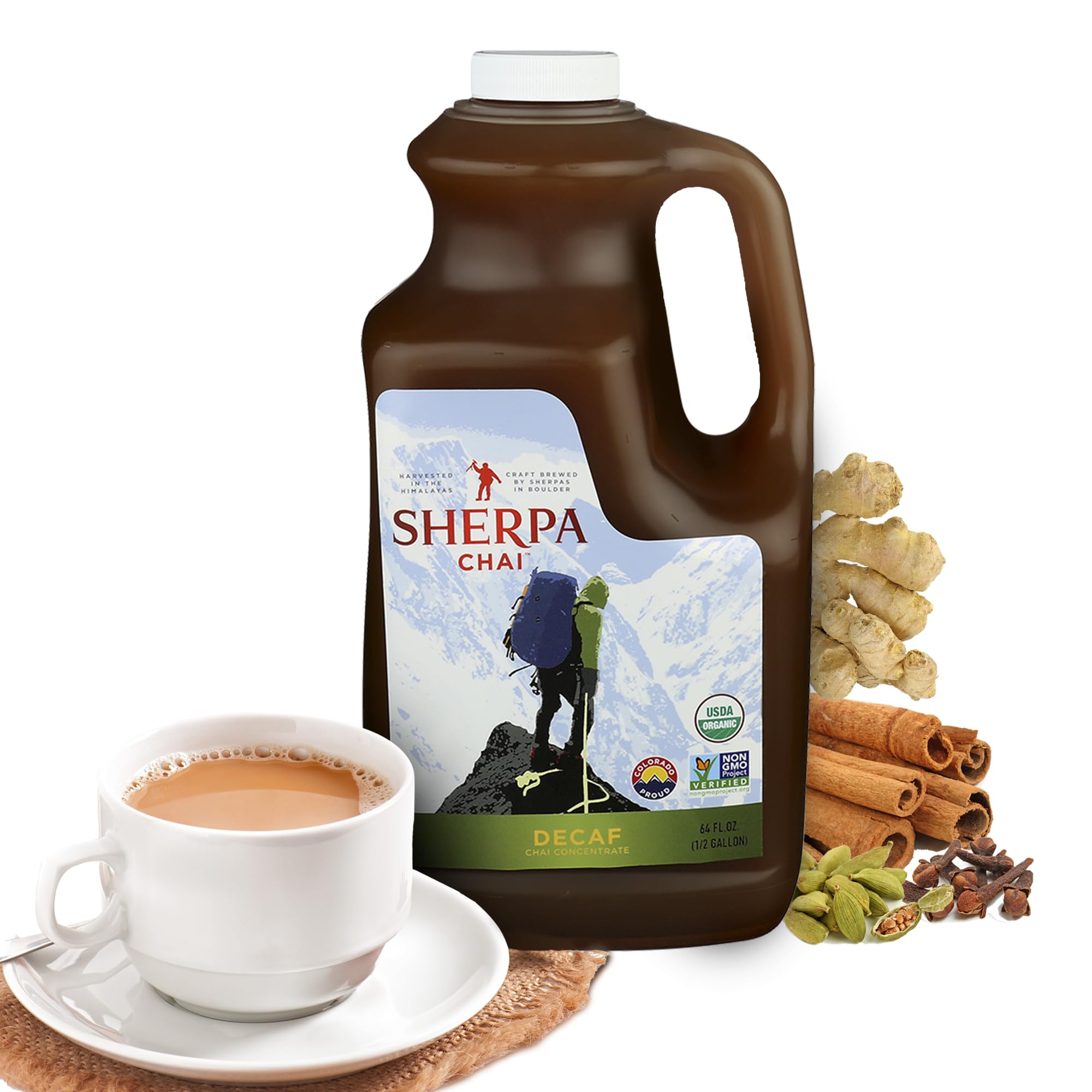 Sherpa Chai Decaf Organic Chai Tea Concentrate, 64 oz - Himalayan Black Tea Concentrate w/Freshly Pressed Ginger - Authentic Recipe Brewed by Nepali Sherpas - Chai Tea Gift for Latte Tea Lovers