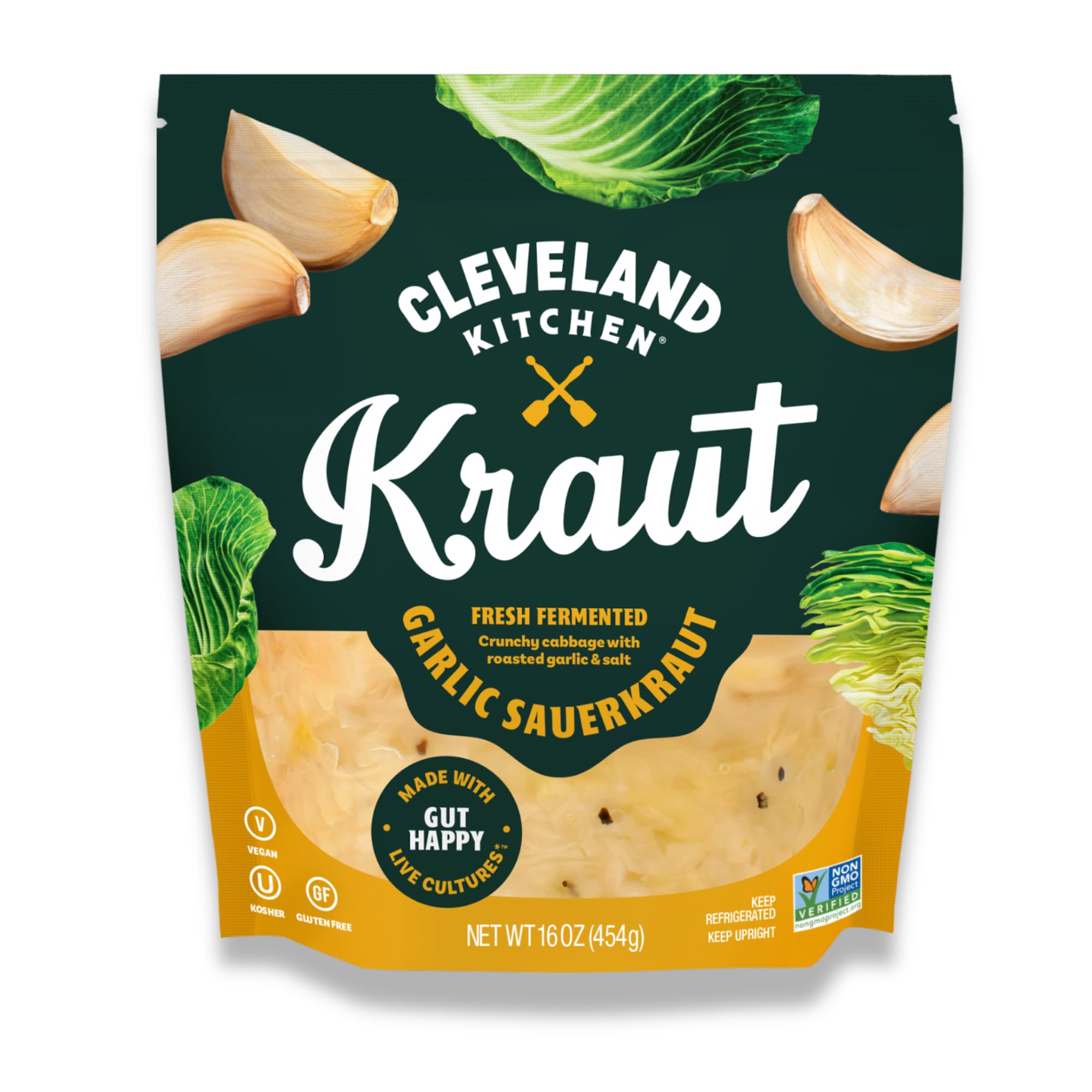Cleveland Kitchen Roasted Garlic Kraut - Fresh & Crunchy Sauerkraut, Lightly Fermented Vegetables Seasoned with Roasted Garlic, Live & Natural Probiotics, 16 oz