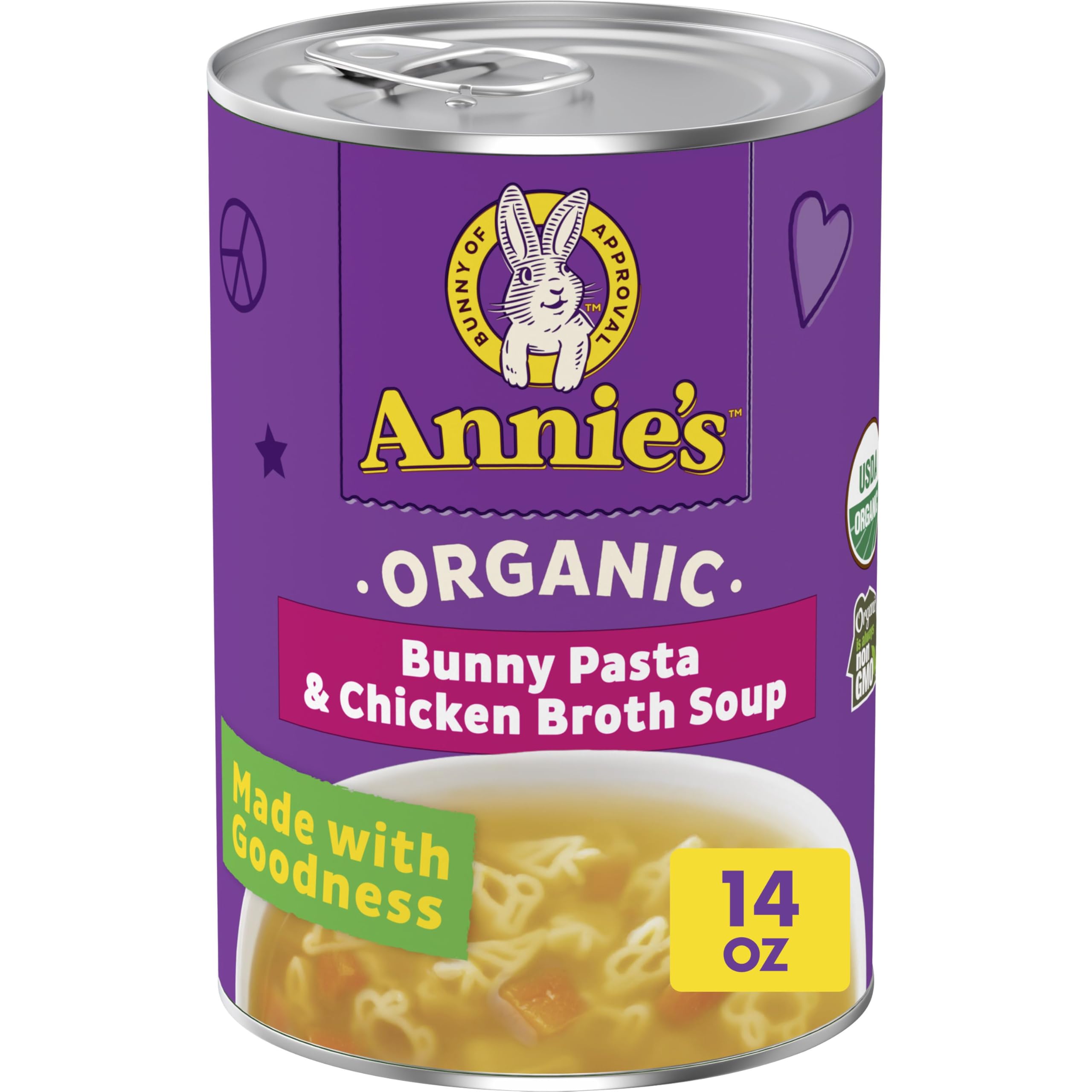 Annie's Organic Bunny Pasta & Chicken Broth Soup, 14 oz | Bunny Pasta Shapes with Bite-Sized Carrots in Broth, No Artificial Flavors or Synthetic Colors, Ready in Minutes