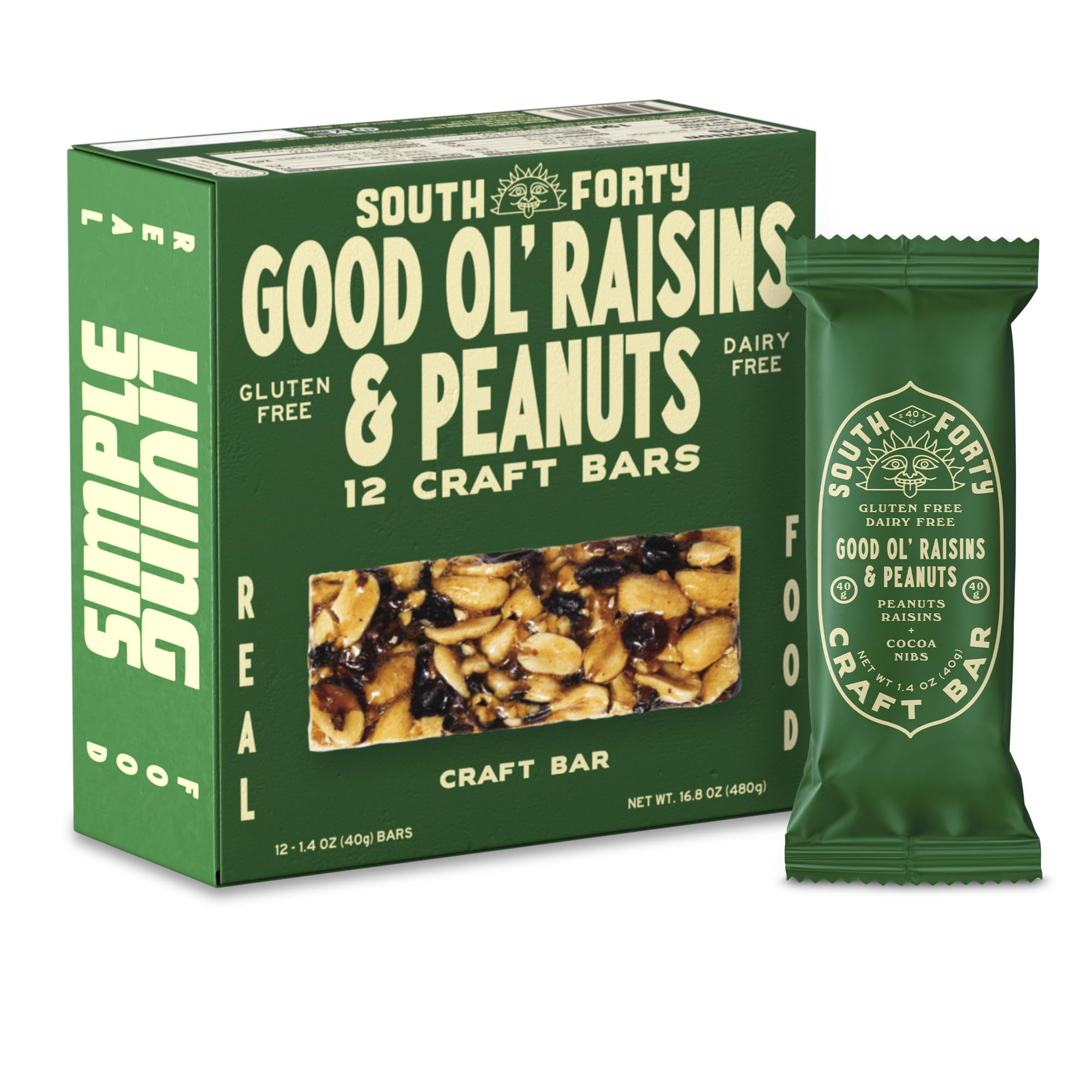 South 40 Snacks GORP Peanut Raisin Craft Bar, 40g, Pack of 12 | Peanut and raisin trail-mix snack bar; gluten free, dairy free, individually wrapped