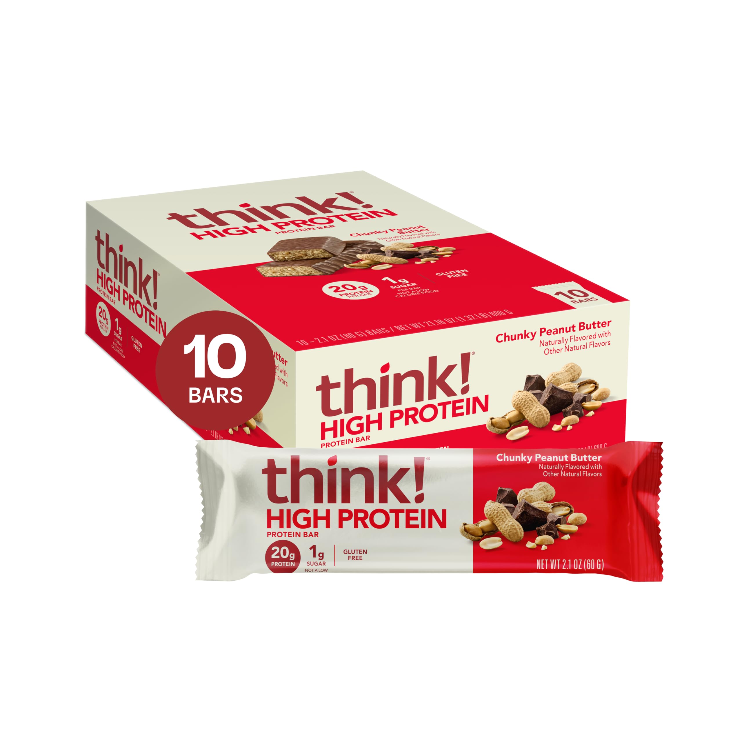 think! High Protein Bar, Chunky Peanut Butter, 10 Count | 20g Protein Per Bar, Gluten Free with Whey Protein Isolate, 1g Sugar, Ready-to-Eat, Convenient Muscle Support & Recovery
