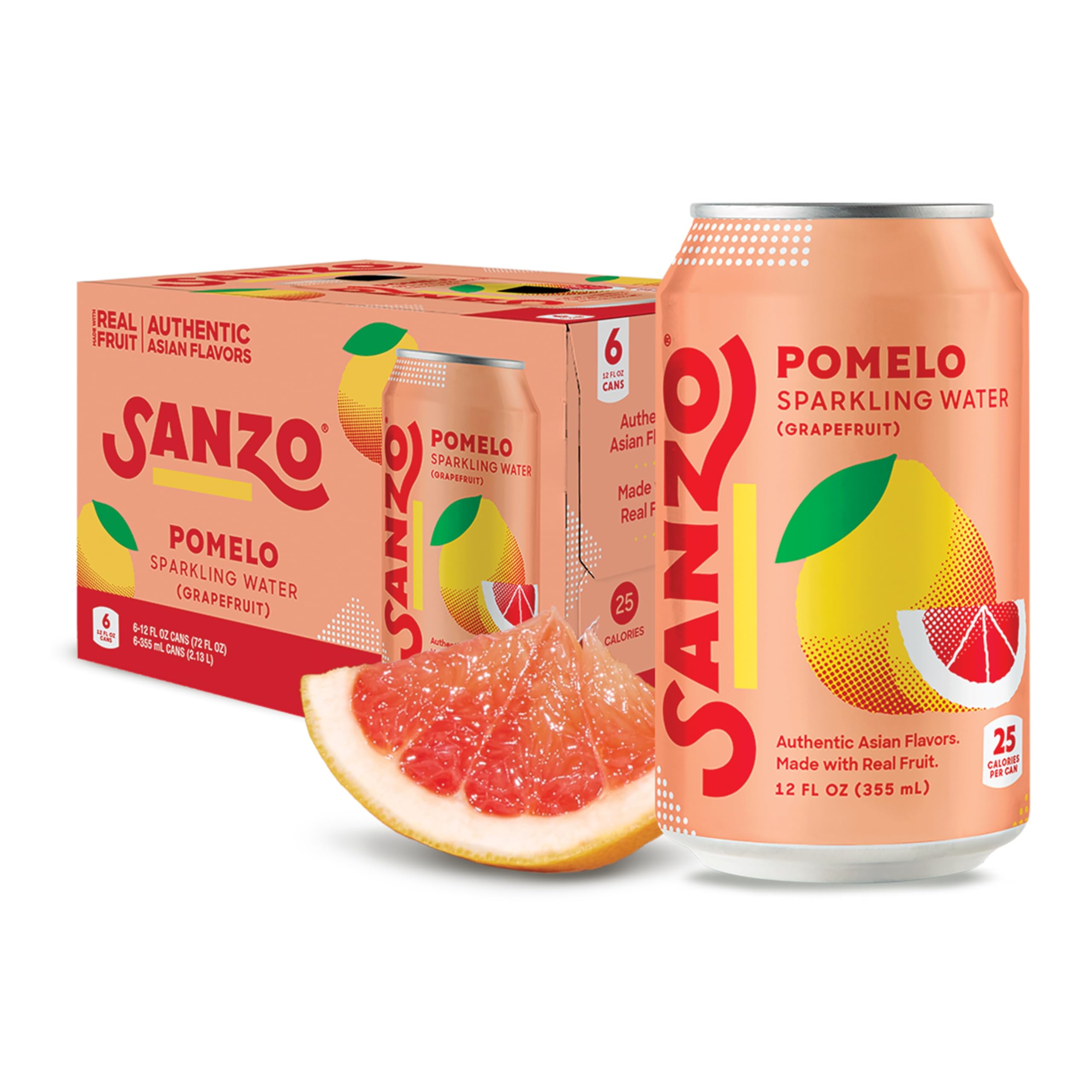 Sanzo Flavored Sparkling Water - Pomelo Grapefruit Seltzer | 12oz, 6 Pack, Low Calorie Low Sugar, Craft Asian Drinks, Vegan Gluten Free Carbonated Flavored Water, Fizzy Healthy Drinks