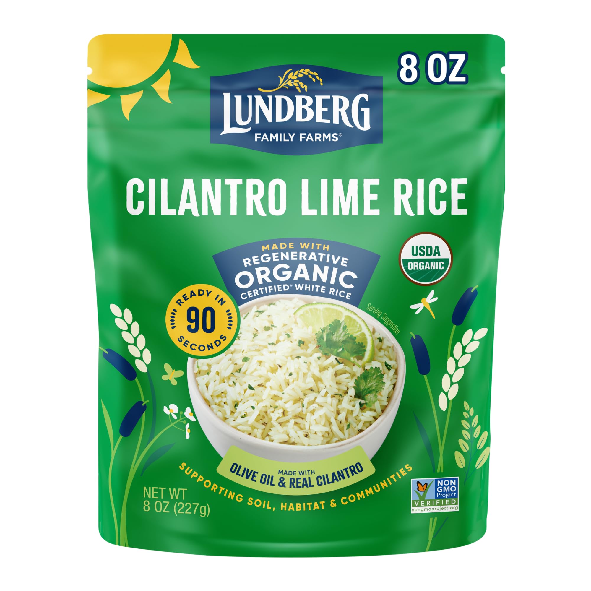 Lundberg Organic Cilantro Lime Rice, 8oz | Microwave Ready in 90 Seconds, Regenerative Organic Rice, Gluten Free, Non-GMO