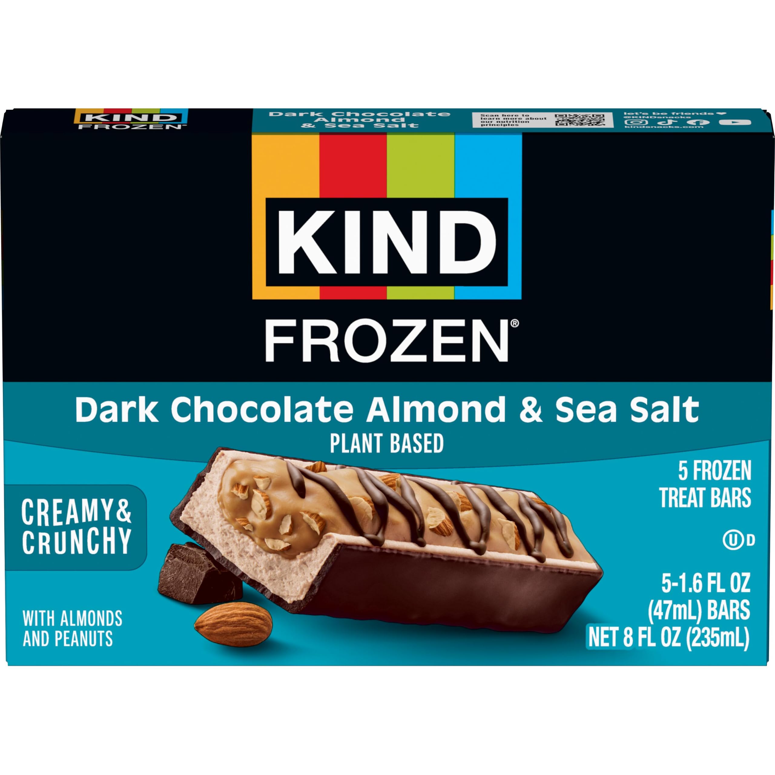 KIND FROZEN Plant Based Frozen Treat Bar, Dark Chocolate Almond Sea Salt & Nut Treat Bars, 5 Pack, 1.6 Oz Bars