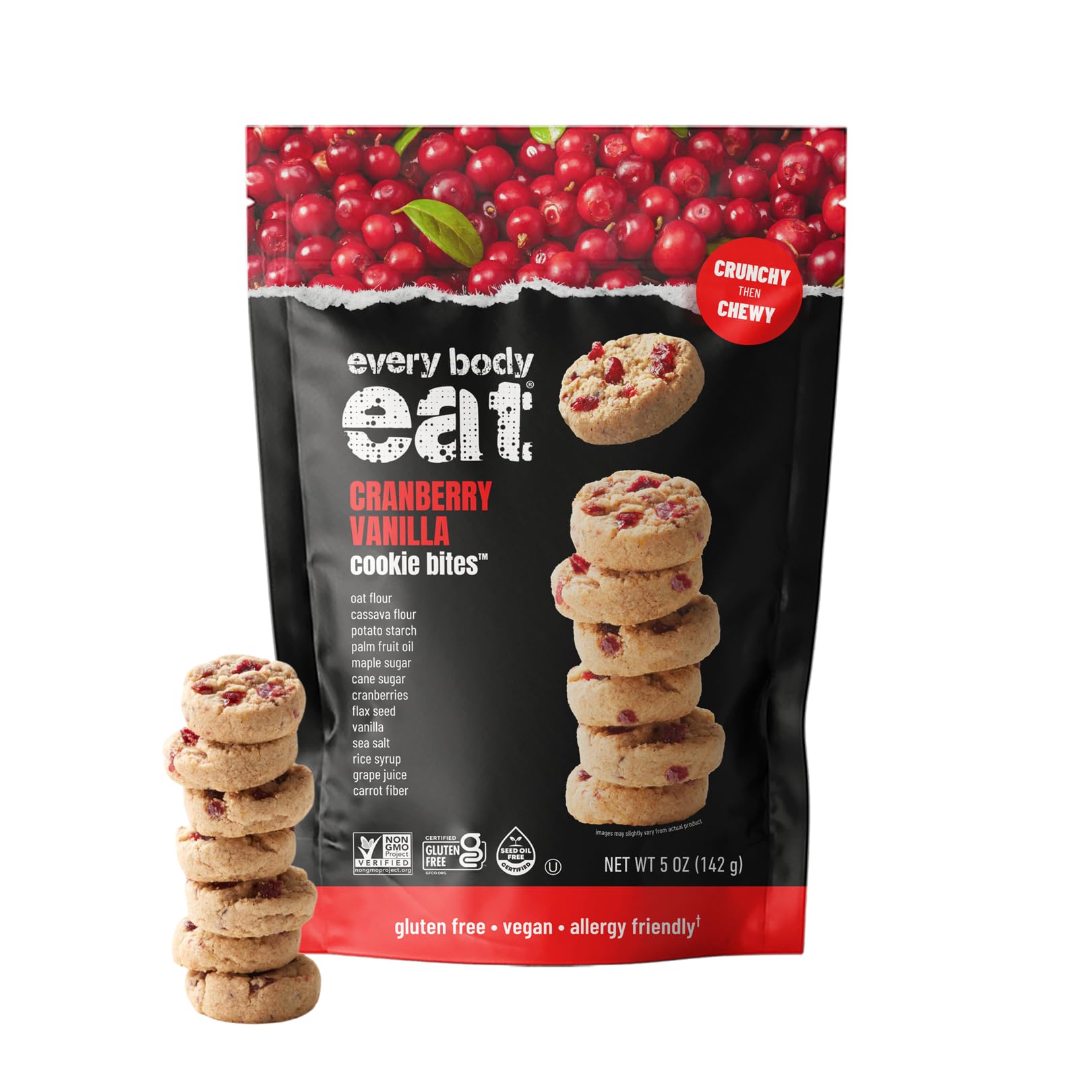 Every Body Eat Crunchy Cookie Bites, Cranberry Vanilla - Gluten Free, Dairy Free, Vegan Snack Cookies, 5 Ounce